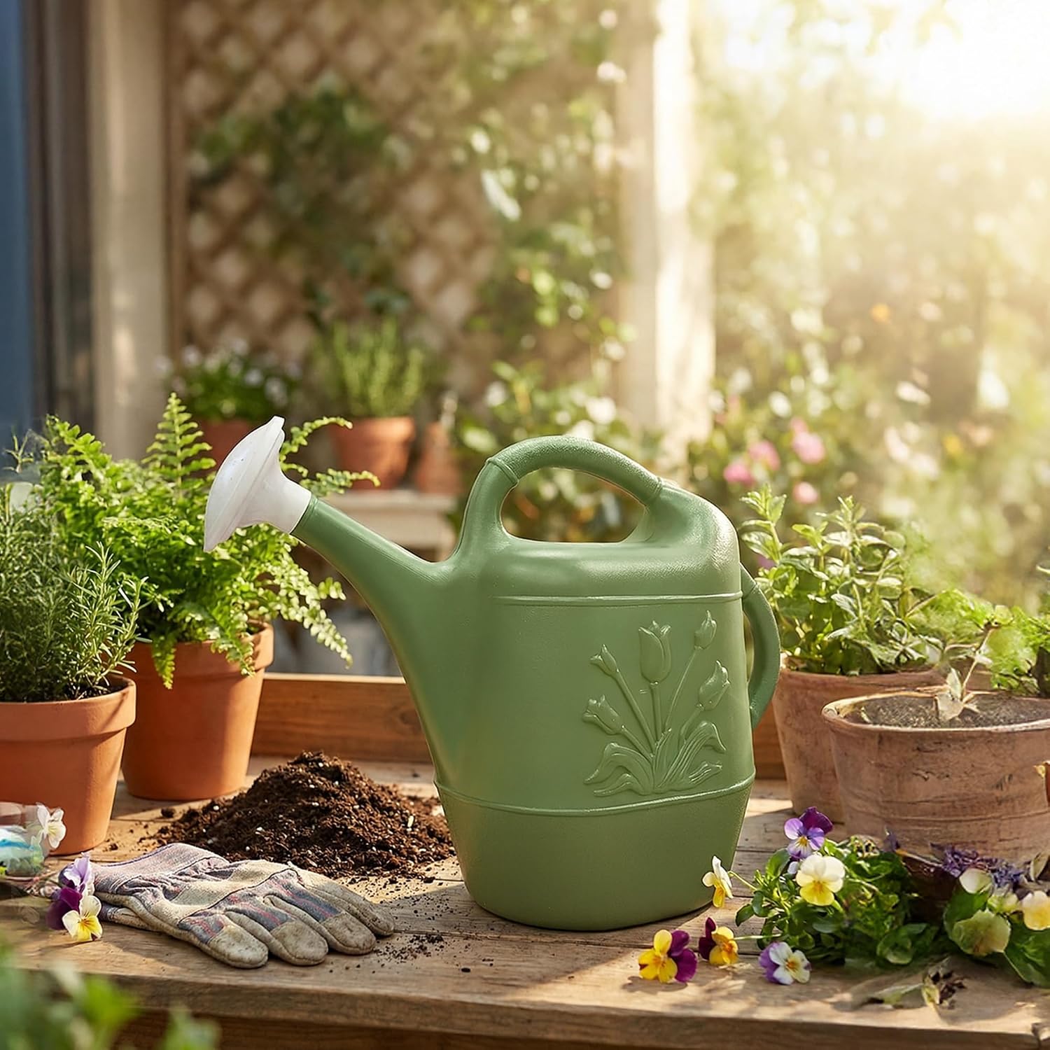 Union Products 63066 2 Gallon Plastic Indoor/Outdoor Watering Can w/Tulip Design for Garden, Potted Plants, & Patio Pots, Caribbean Blue
