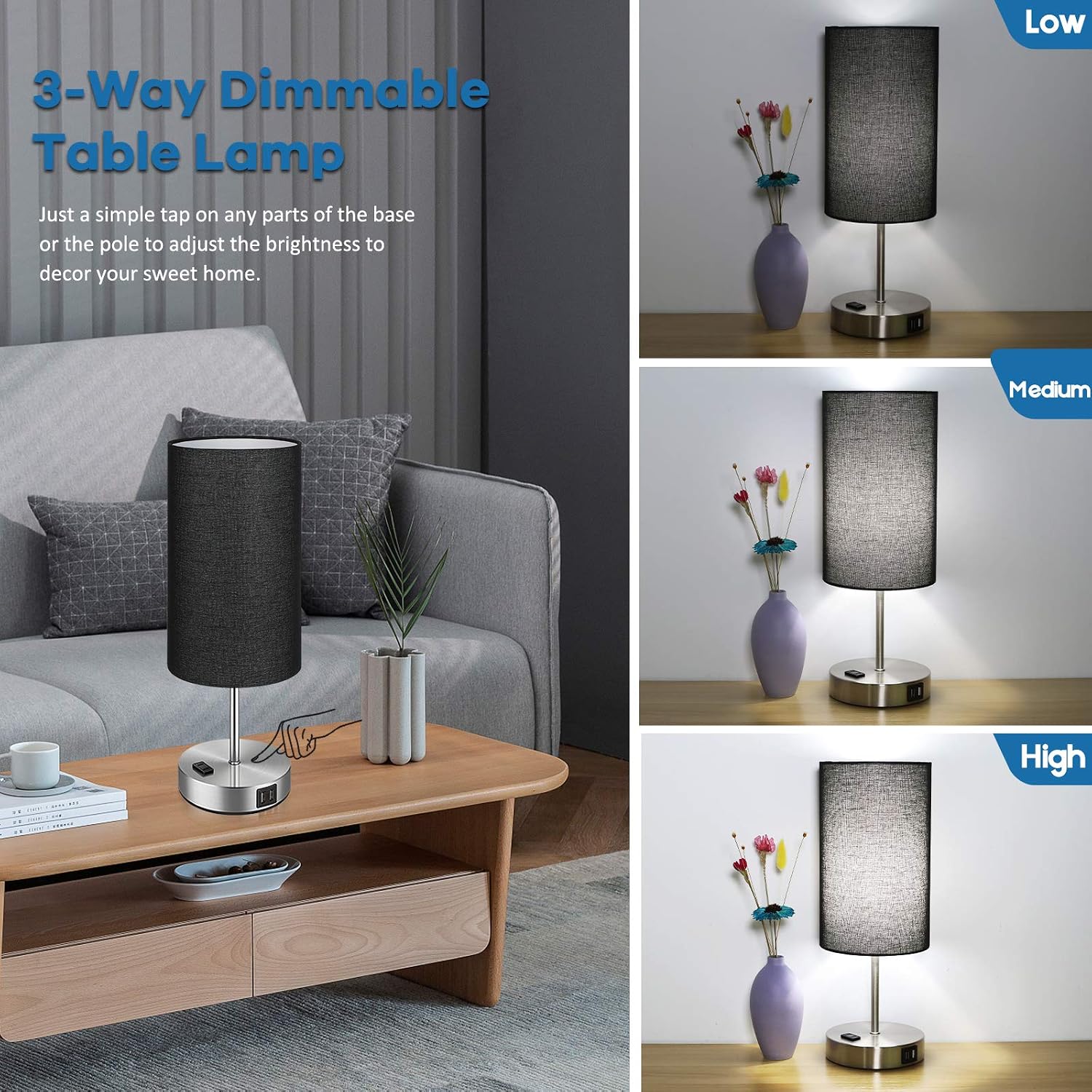 Set of 2 Touch Control Table Lamps with 2 USB Charging Ports&AC Outlet