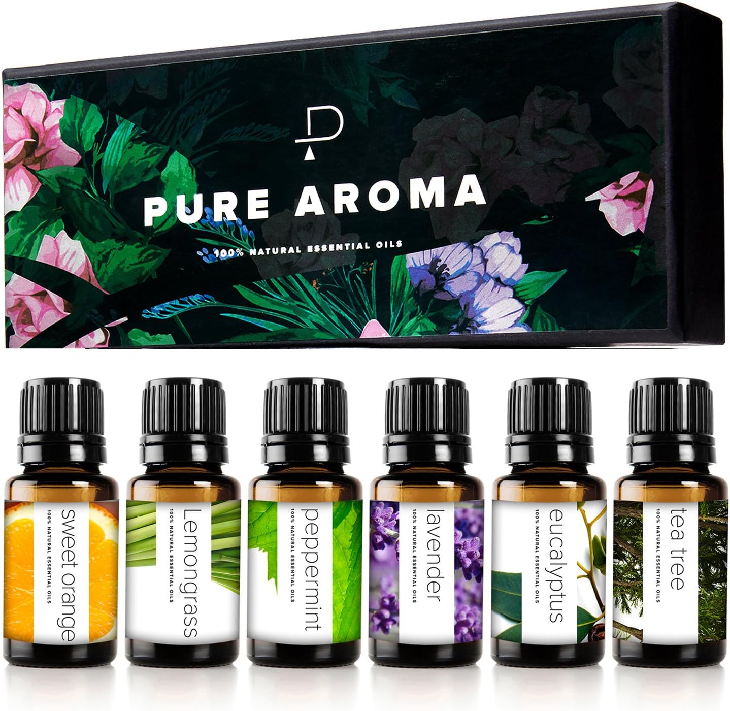 Essential Oils Set by Pure Aroma - Top 6 Aromatherapy Oils Gift Set-6 Pack, 10ml (Eucalyptus, Lavender, Lemongrass, Sweet Orange, Peppermint