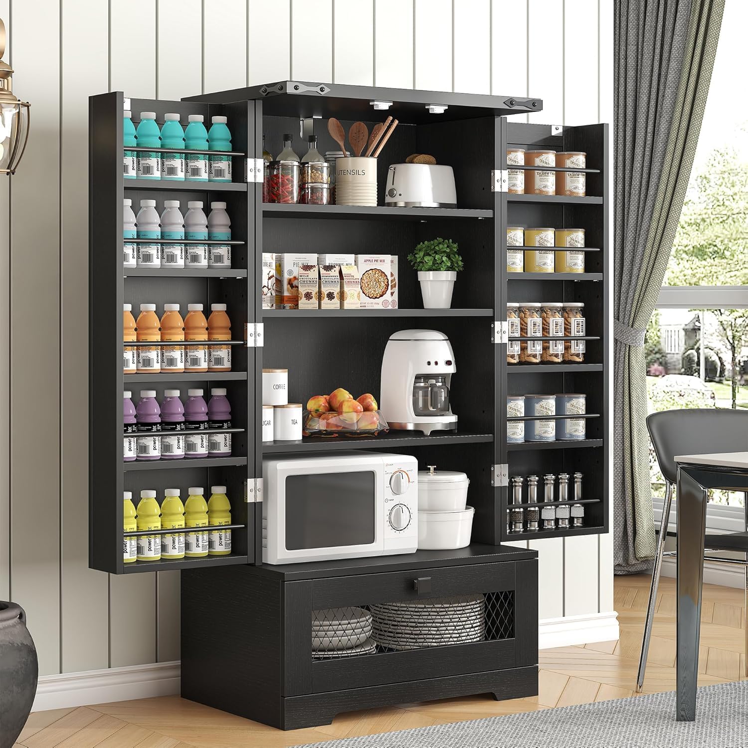 kepptory 47” Pantry Cabinet, Kitchen Pantry Storage Cabinet with Doors and Adjustable Shelves,Freestanding Buffet Cupboards Sideboard for Living Room and Dinning Room (White)
