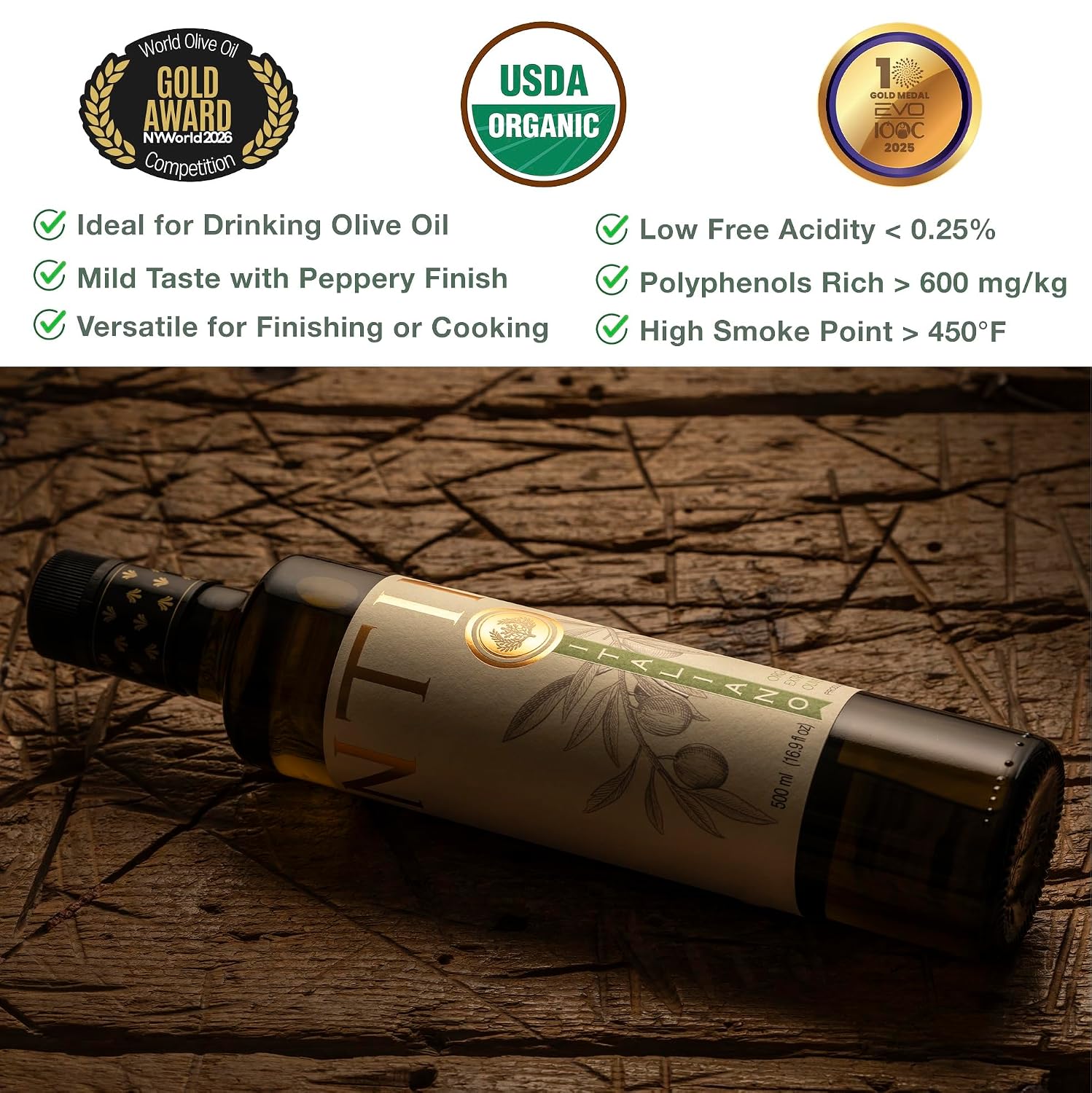 Entimio Italiano Organic Italian Extra Virgin Olive Oil from Italy, 600+ mg/kg High in Polyphenols, 2026 NYIOOC Gold, Tuscany evoo, Cold Extracted
