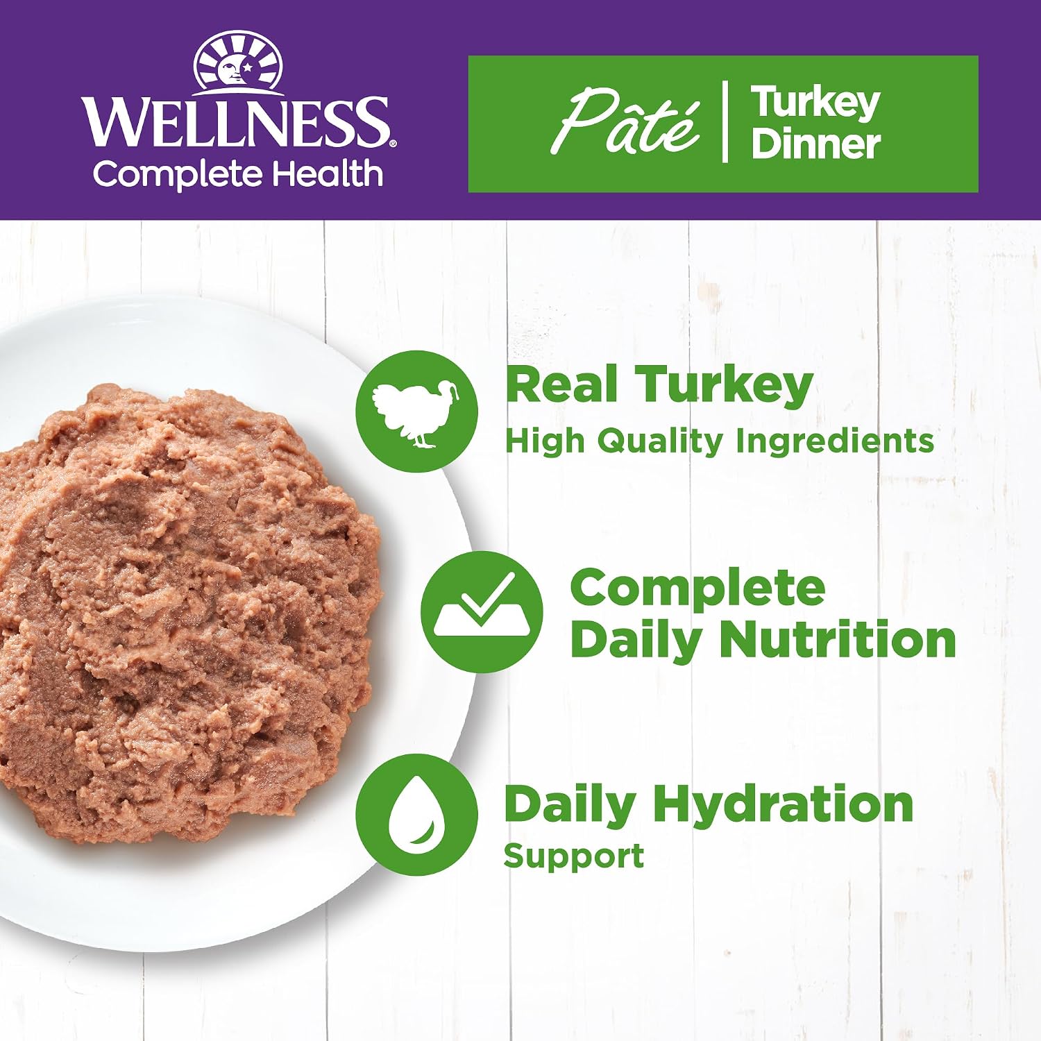 Wellness Complete Health Pate Adult Canned Wet Cat Food, Natural, Protein Rich, Grain Free, Turkey Dinner Recipe, 12.5 oz, Pack of 12 Cans