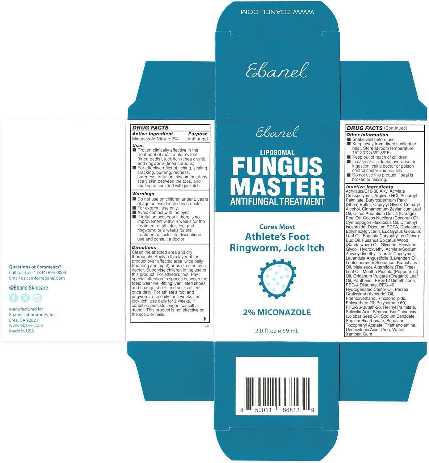 Ebanel Athlete's Foot Fungus Treatment, Miconazole Antifungal Cream 1Oz