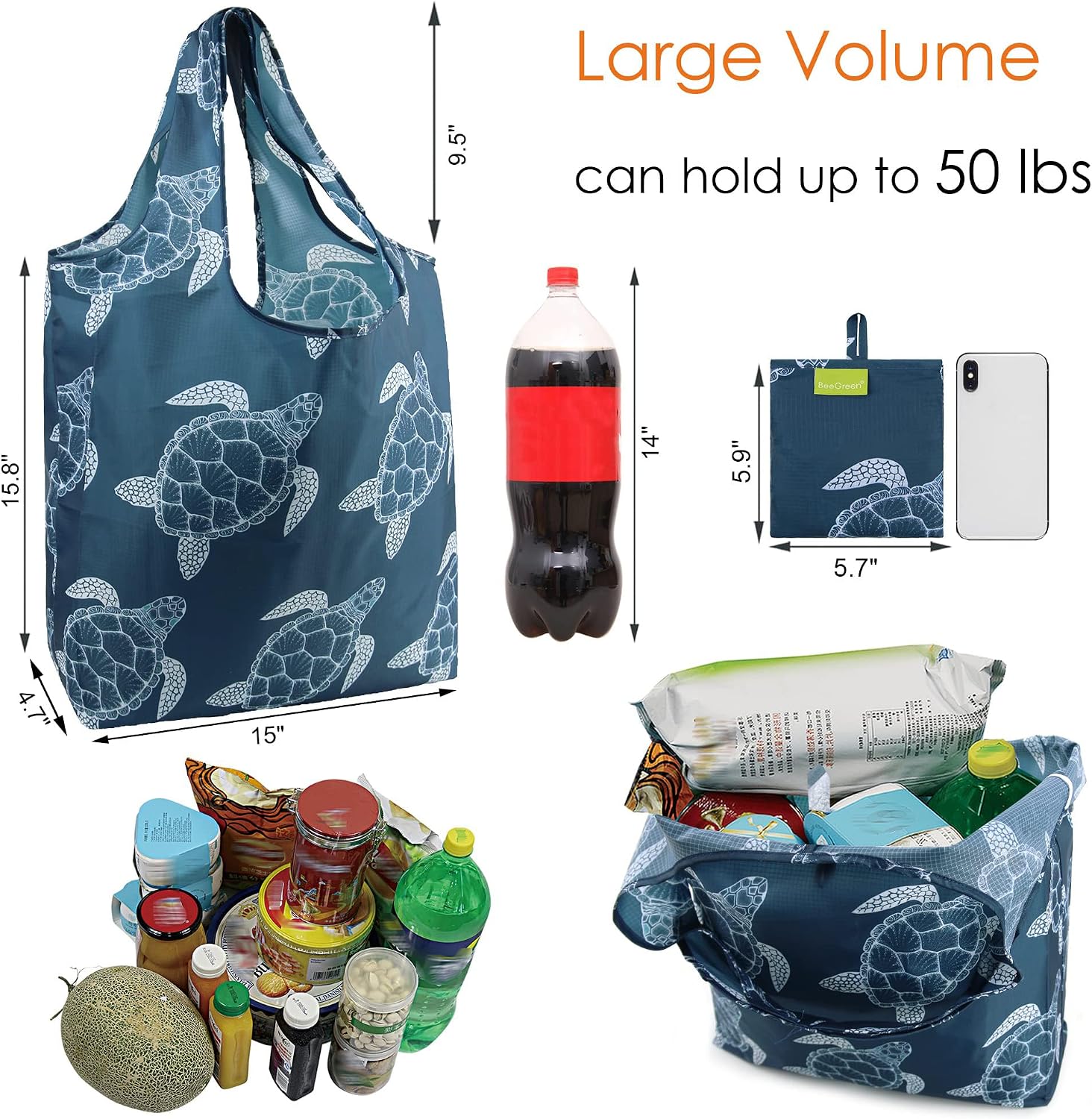 BeeGreen Grocery Bags | Reusable Gift Bags, Large Tote for Women & Foldable Beach Bag - 6 Pack Reusable Bag With Handles | Collapsible Cute Cloth Storage for Market, Holiday & Shopping | Washable​