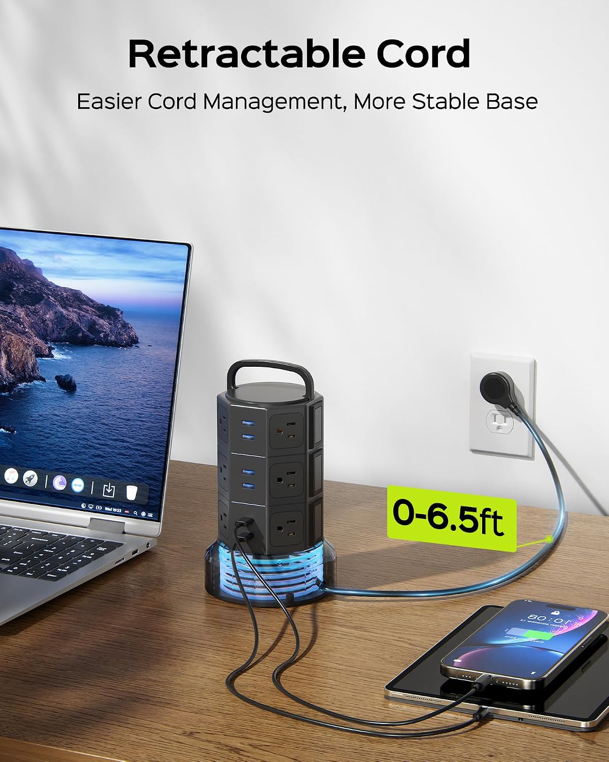 JACKYLED Power Strip Tower Surge Protector, 12 AC 6 USB (2 USB C), 1050J