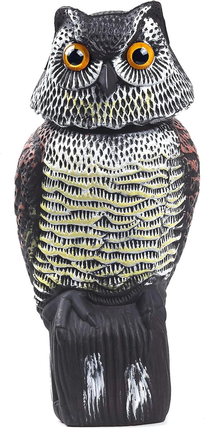 Owl Decoys to Scare Birds Away with Rotating Head,Natural Enemy Bird Deterrent Realistic Eyes & Waterproof Shape Fake Owl Scarecrow Bird Control