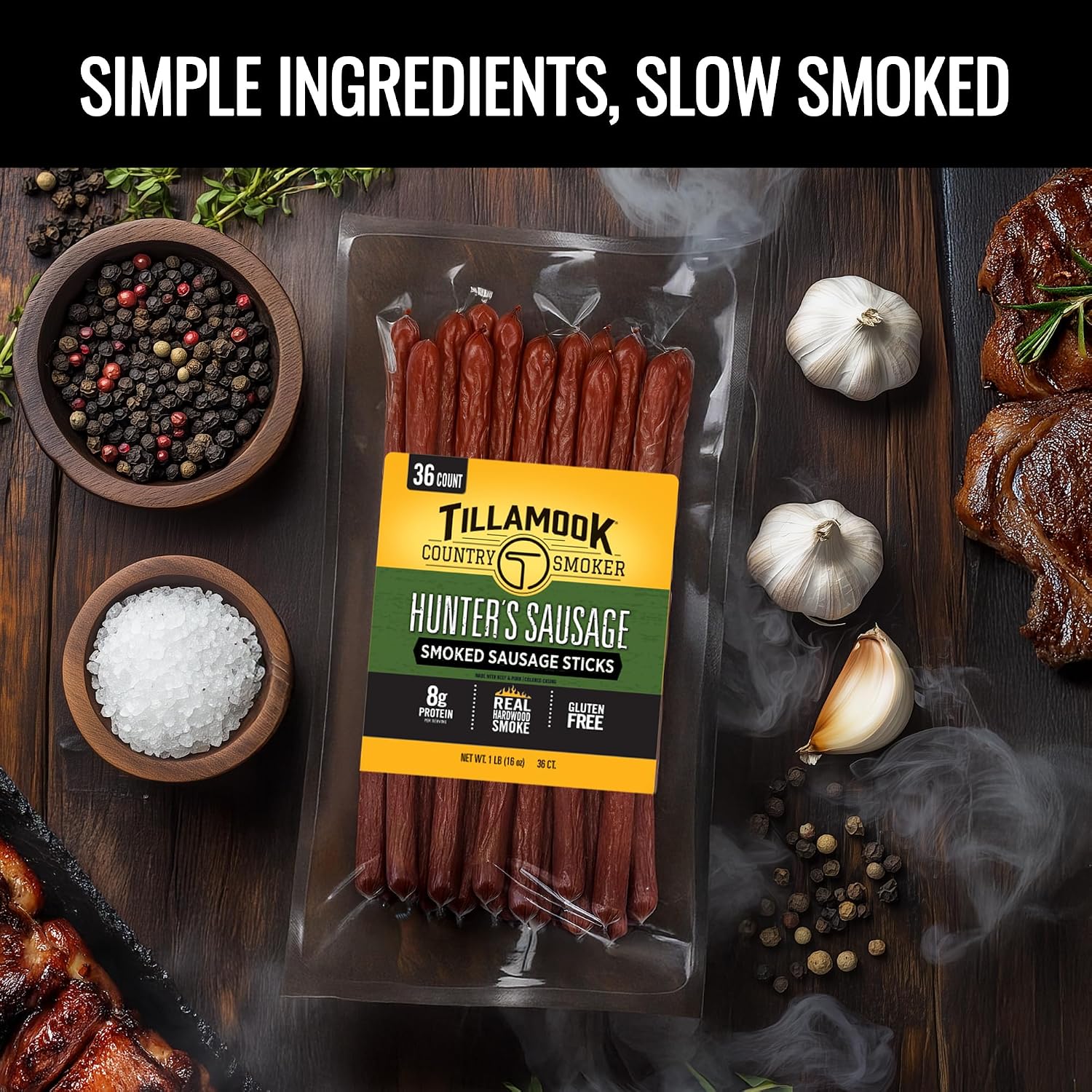 Tillamook Country Smoker Hunter’s Sausage Smoked Sausage, 16 Oz, 36 Ct, Bulk Pack, Real Hardwood Smoked Beef Meat Sticks, 8g Protein
