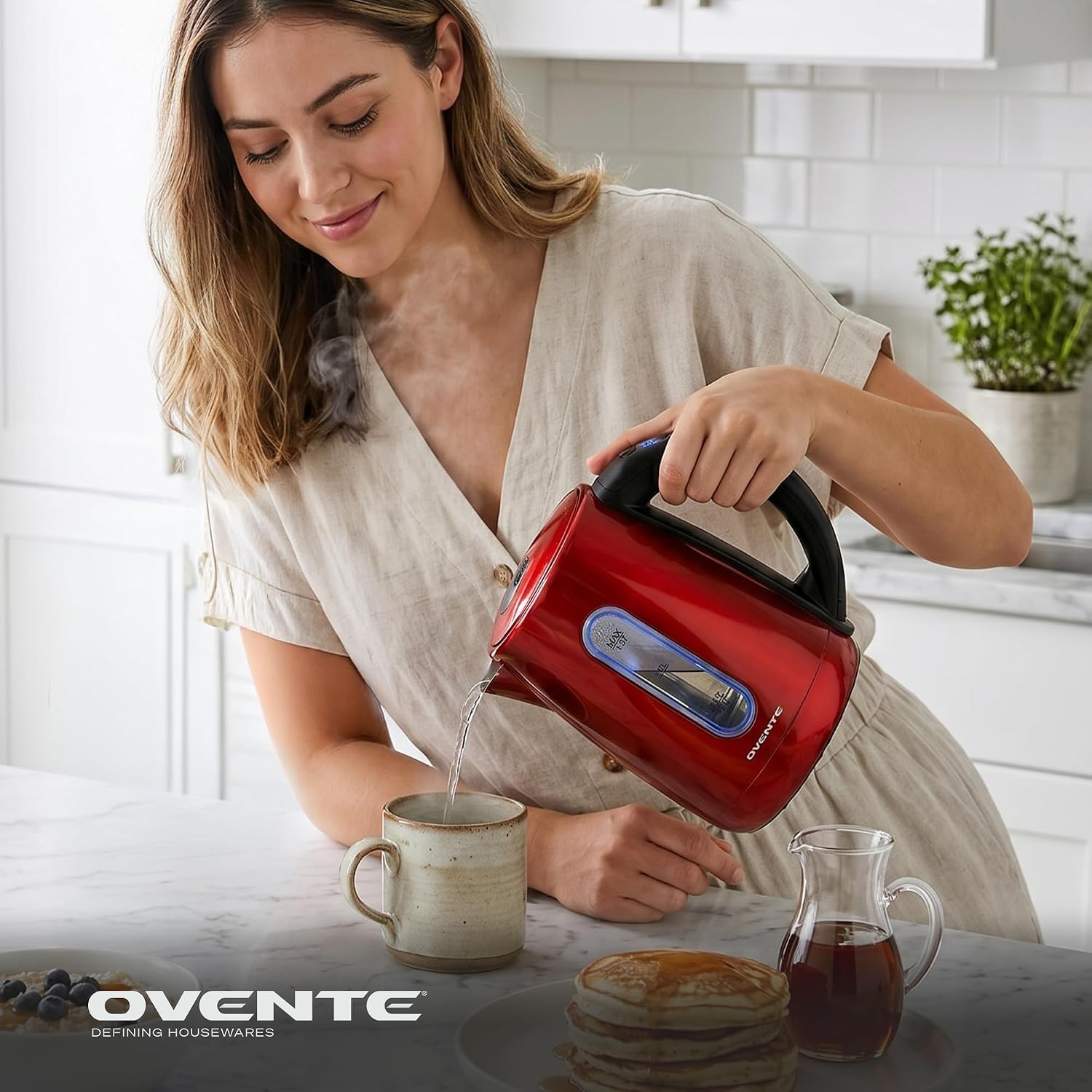 OVENTE 1.7L Electric Kettle with Temperature Control, 1100W, Red KS58R | Stainless Steel Water Boiler and Heater, Keep Warm Function, Auto Shut-Off