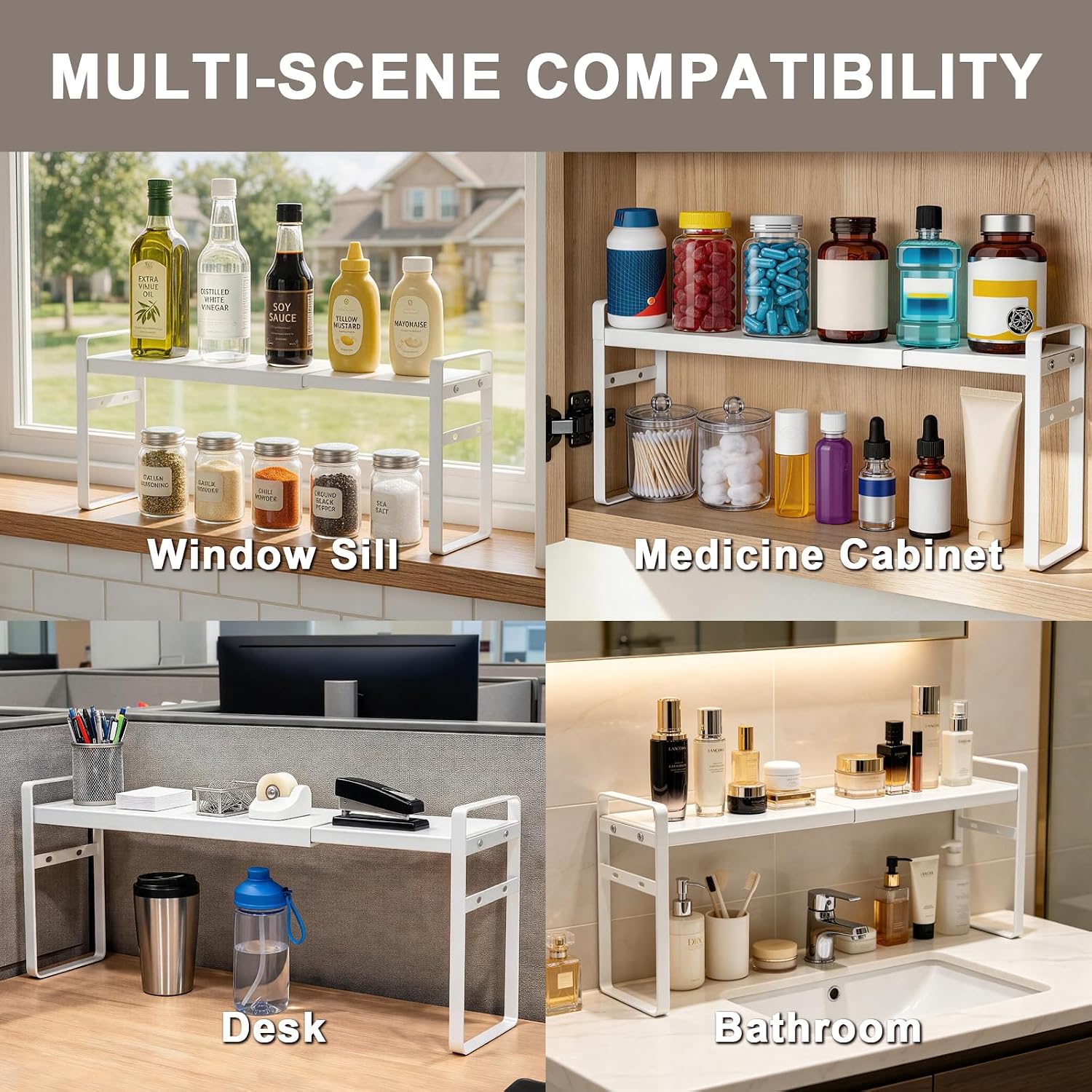 Medicine Cabinet Shelves, 3.58" Wide Metal Cabinet Shelf Organizer with Adjustable Tiers and Non-Slip Pads for Kitchen