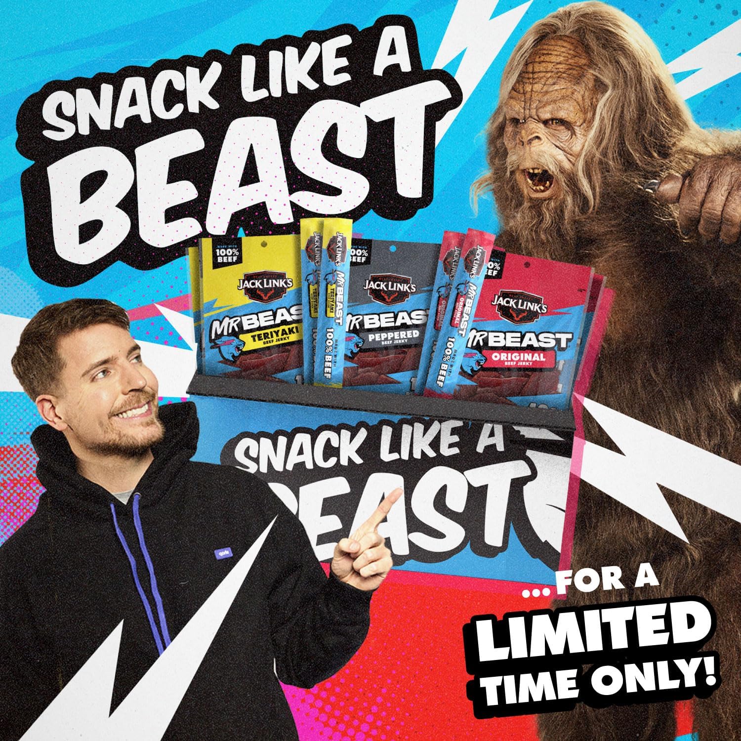 Jack Link's MrBeast Beef Jerky, Peppered Beef Jerky - 10 Count | As Seen on Beast Games, 11g Protein, Made with 100% Real Beef, Pantry-Ready Snacks