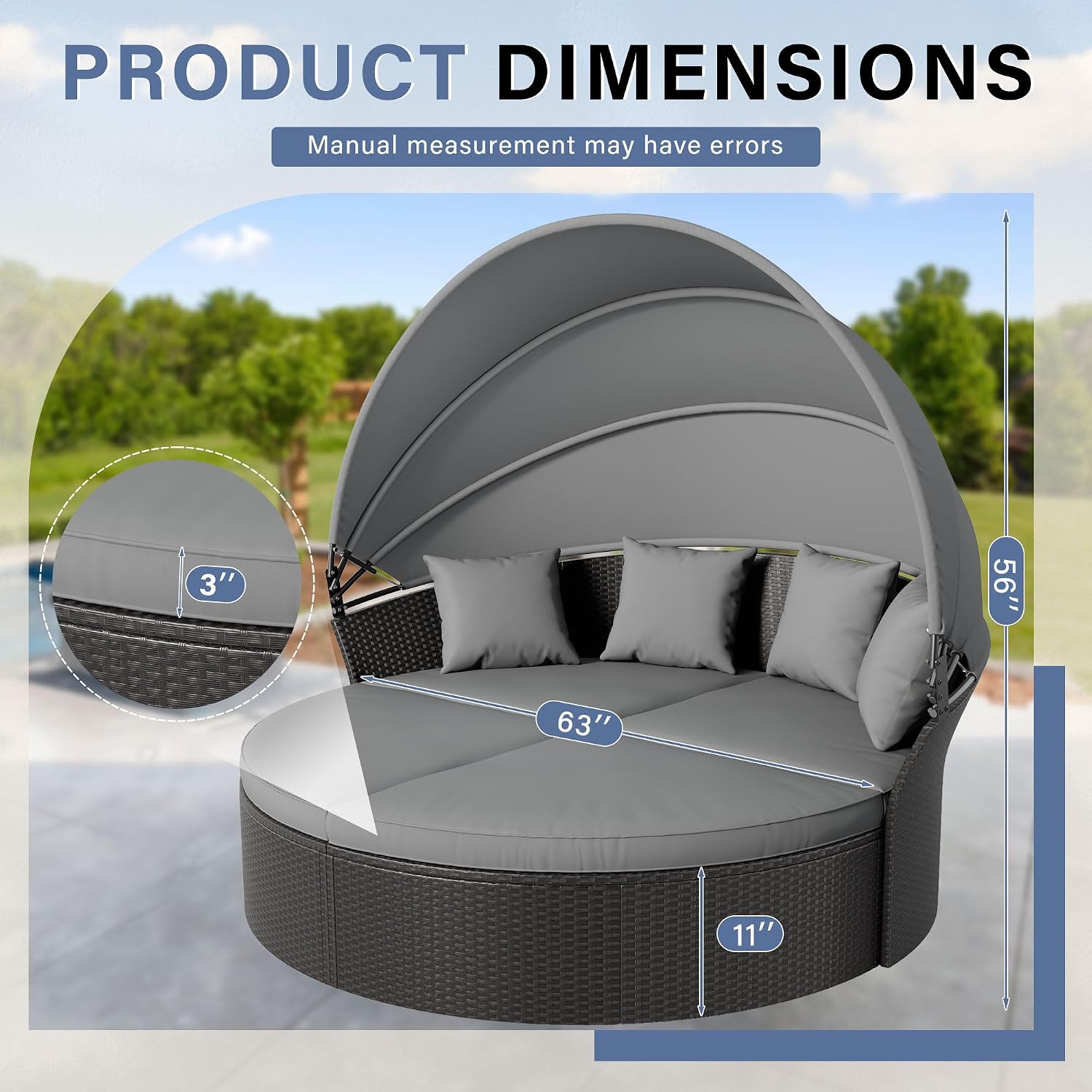 Outdoor Patio Furniture Canopy Daybed Round Sofas, 4 Pieces Seating Separates Cushioned Seats, Black Wicker, Lawn Poolside Garden, Grey