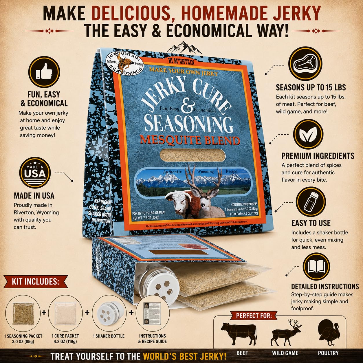 Hi Mountain MESQUITE BLEND Jerky Seasoning and Cure Kit | Beef & Venison | Bold mesquite smoke flavor, perfect jerky seasoning for deer, elk