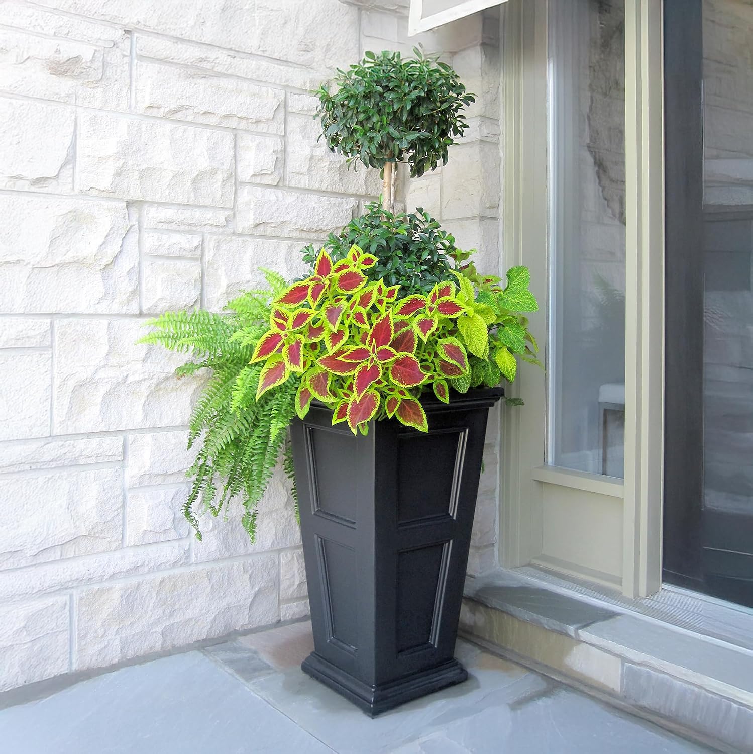 Mayne Fairfield 28in Self-Watering Tall Square Planter, Black | Self-watering, All season, Fade resistant, Reversible planting shelf, 15-year warranty