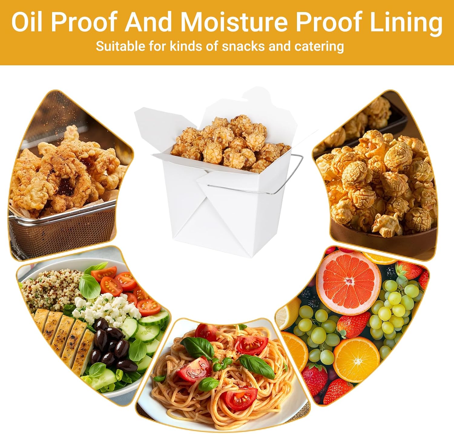 zmybcpack 50 Pack 16oz/1 Pint Chinese Take Out Boxes, Paper Food Containers | Chinese To Go Boxes with Metal Wire Handle & Labels for Hot Or Cold Food