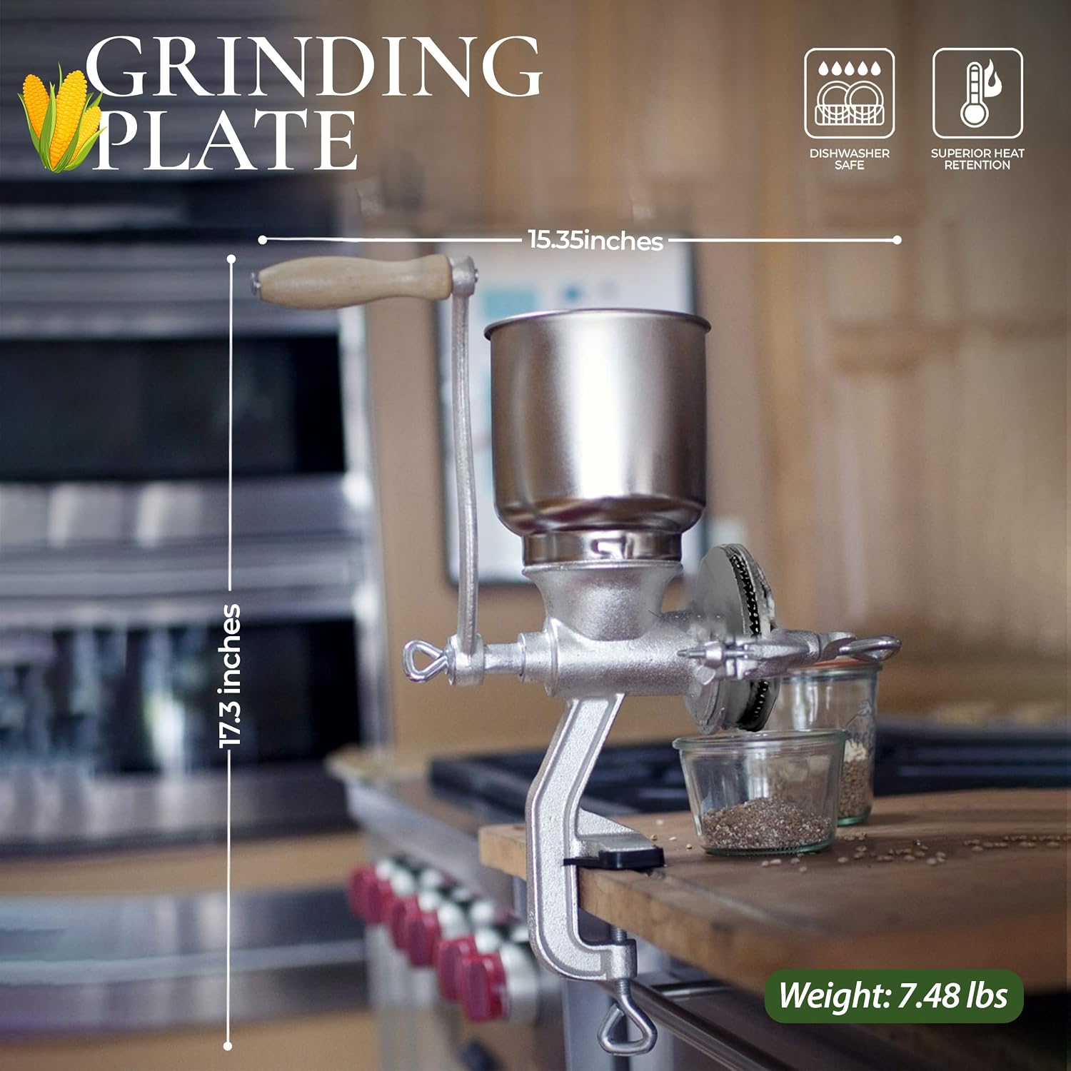 Alpine Cuisine Manual Cast Iron Coffee Grinder 17" High Hopper Multi-Purpose Mill for Corn Nuts Wheat Spices Seed Herbs Heavy Duty for Kitchen Homes