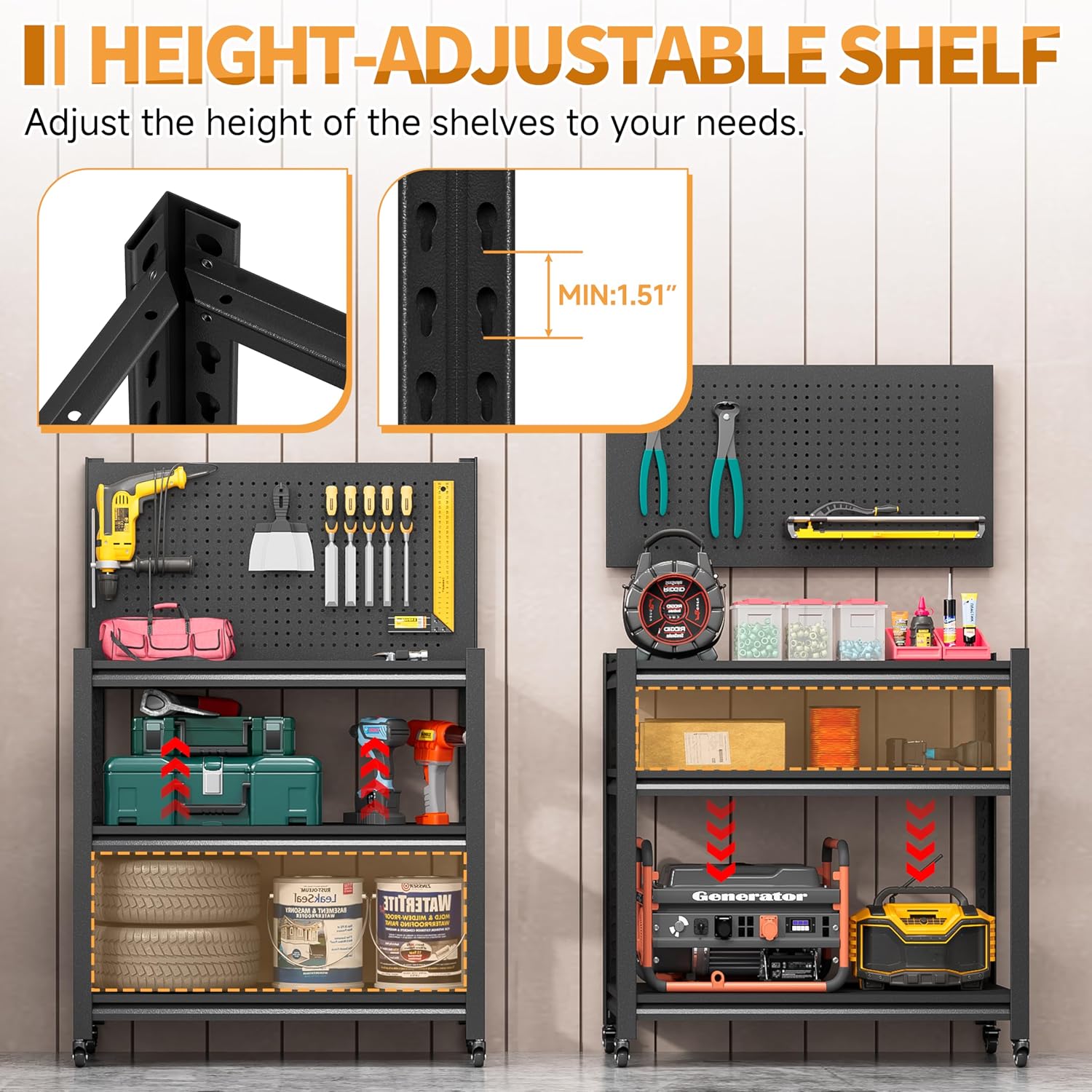 32" H Metal Garage Workbench with Wheels,3-Tier Garage Roling Tool Work Bench,Adjustable Heavy Duty Work Table on Wheels,Black Mobile Garage Workstation for Warehouse Workshop,Screwless Design