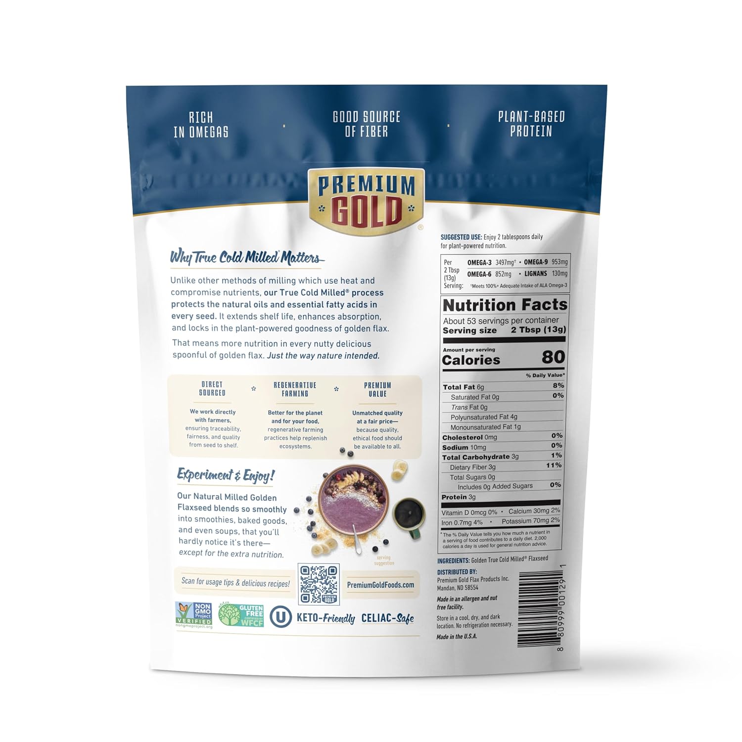 Premium Gold Whole Milled Flaxseed 24 oz, Gluten-Free, Non-GMO, Kosher, Fine Milled Flaxseed, High Fiber, Source of Omega-3, Plant-Based Protein