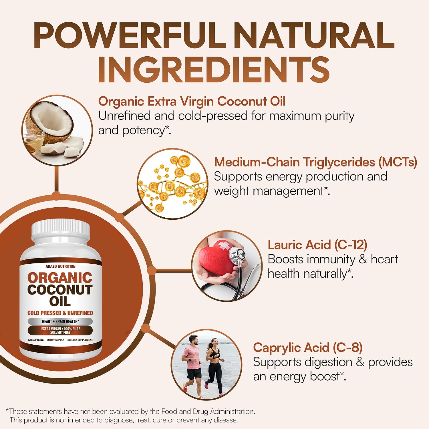 Arazo Nutrition Organic Coconut Oil 2000 MG Per Serving - 100% Extra Virgin Unrefined Cold Pressed for Weight Support, Skin, Hair, Nails - 120 Softgel Capsules