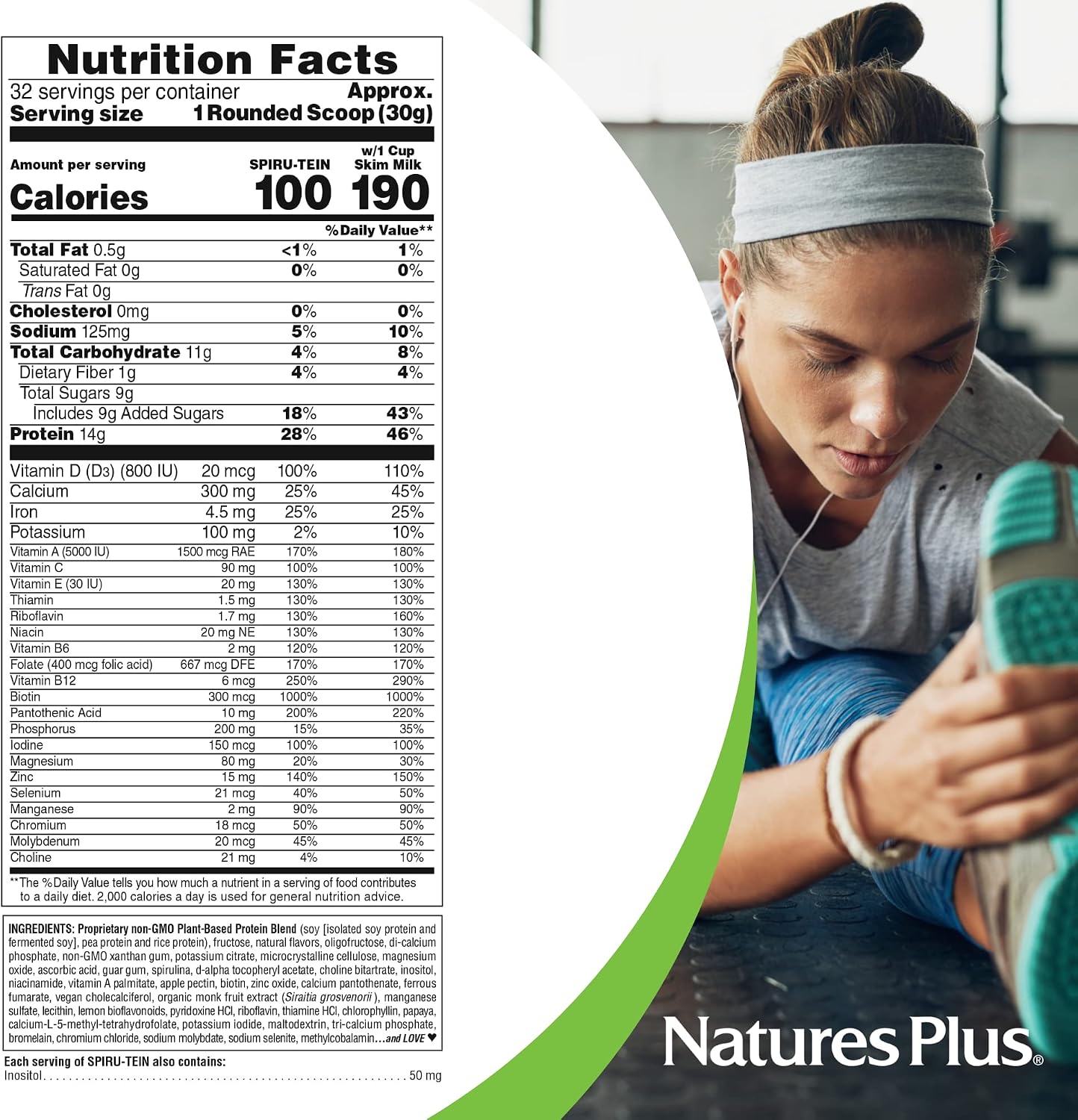 NaturesPlus SPIRU-TEIN, Vanilla - 1.06 lbs - Spirulina Protein Powder - Vitamins & Minerals for Energy - Vegetarian, Gluten Free - 16 Servings