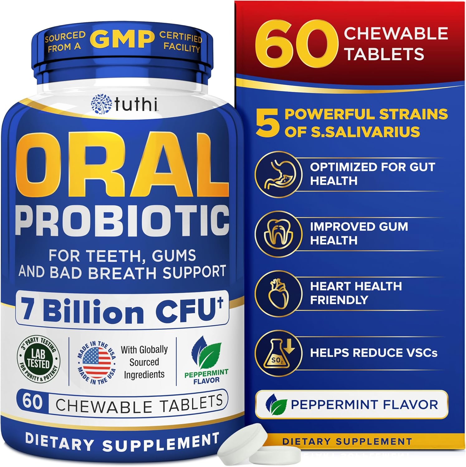 Tuthi Oral Probiotics for Mouth Bad Breath Treatment for Adults - Dental Probiotics for Teeth and Gums - Oral Health Probiotics - 60 Lozenges