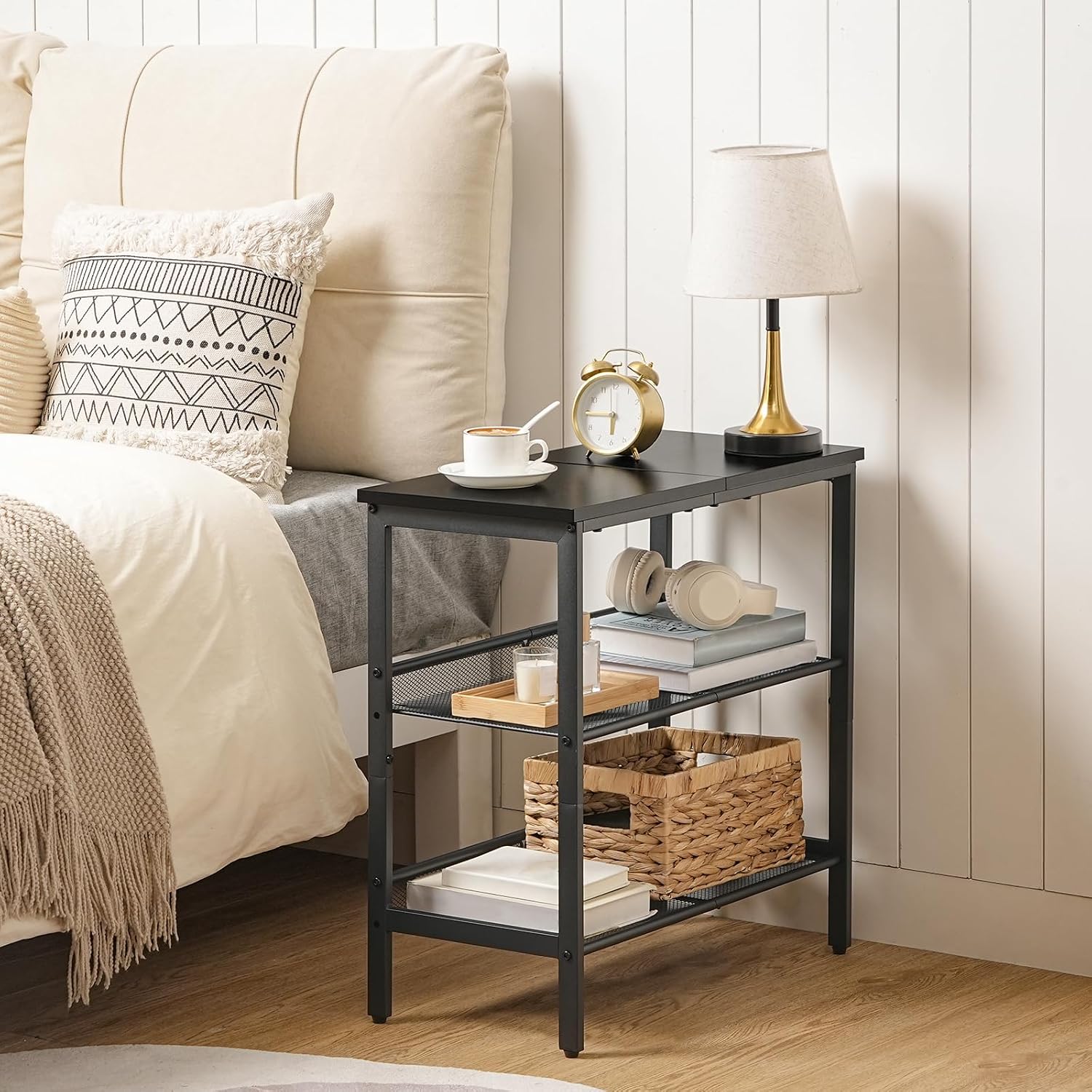 HOOBRO End Table, 3-Tier Narrow Side Table, Nightstand with 2 Flat or Slant Adjustable Shelves for Small Spaces, Hallway, Living Room, Bedroom, Sturdy