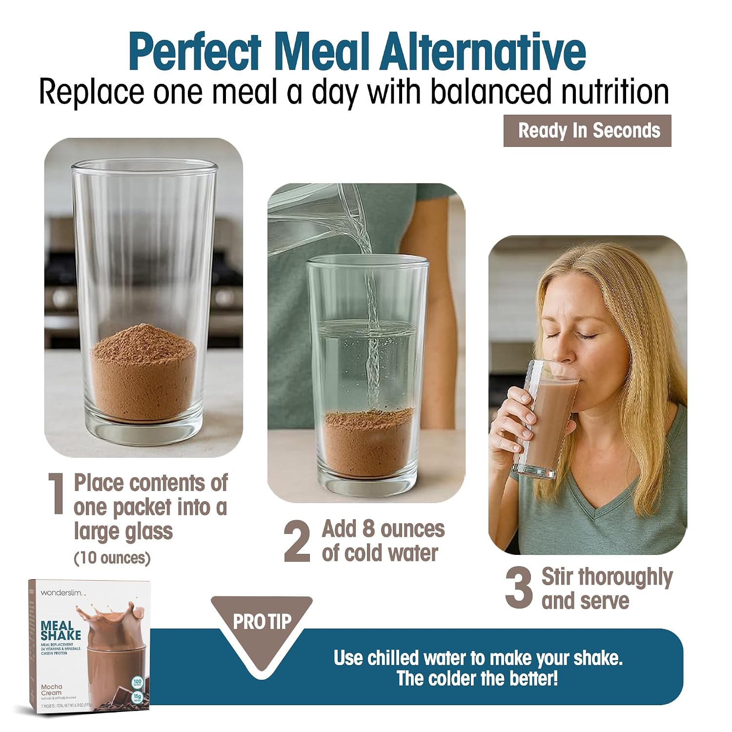 WonderSlim Protein Meal Replacement Shake – 15g Protein, 24 Vitamins & Minerals, Low Carb, Low Calorie, Gluten Free – Meal Replacement Drink for Weight Management, 7 Count Packets (Dark Cocoa Cream)