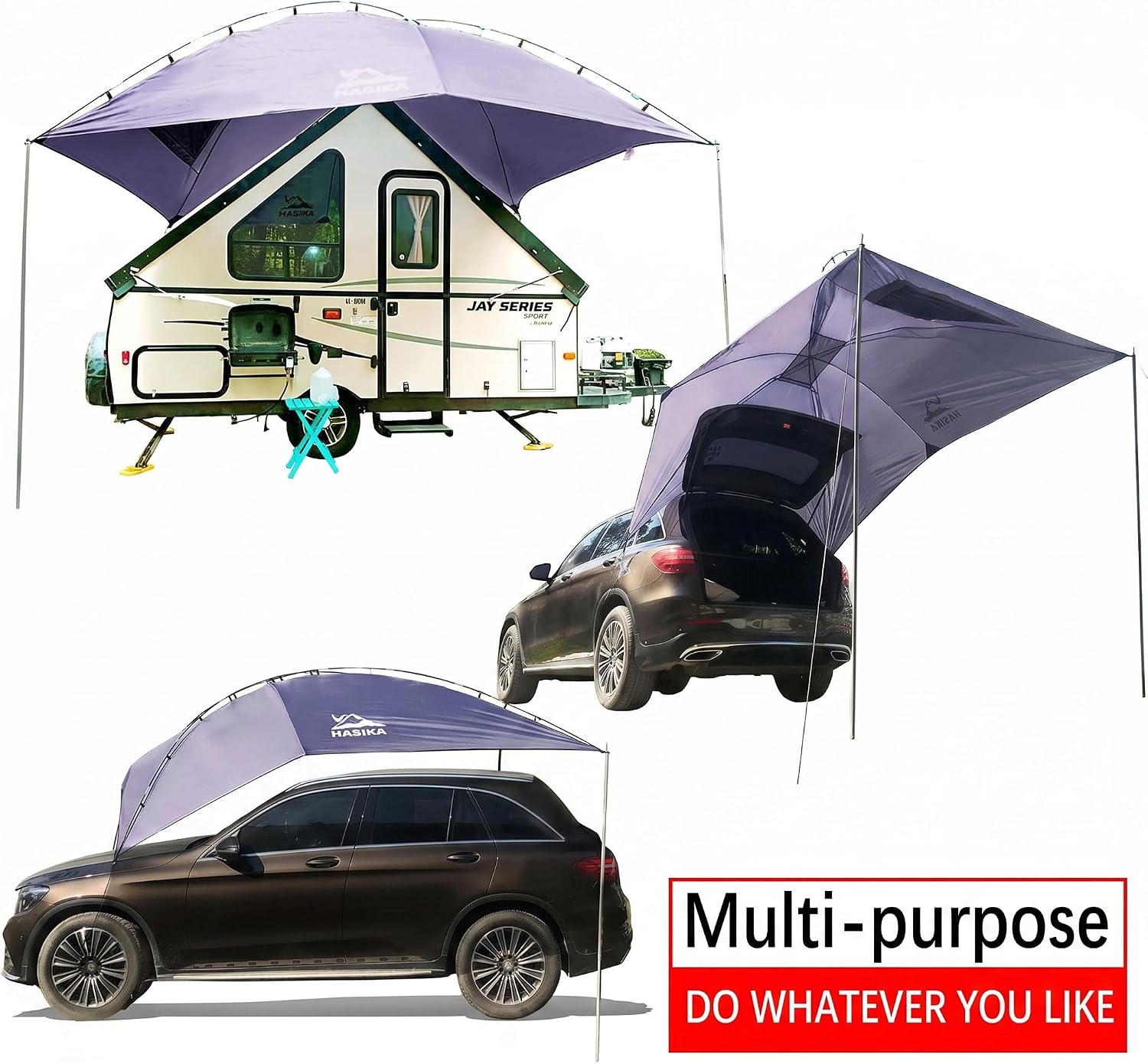 Hasika Waterproof SUV Tailgate Tent and Car Awning | Universal fit for SUVs Vans RV Trailer. Features heavy-duty suction cups, adjustable poles