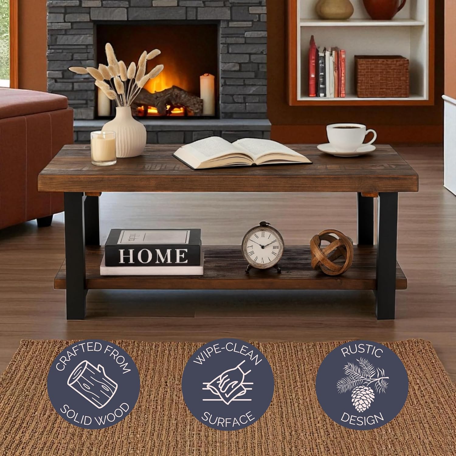 Alaterre Furniture Pomona Solid Wood 2-Tier End Table, Rustic Brown, 27” | Nightstand with Storage Shelf and Metal Legs, Industrial Farmhouse Chair Side Table for Living Room or Bedroom