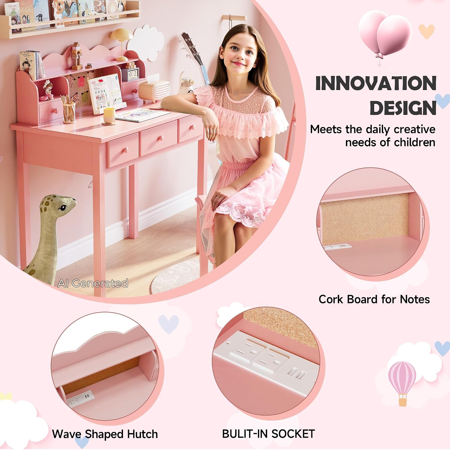 FUNKOCO Writing Desk with Hutch, 40" Small White Desk for Girls, 5 Drawers