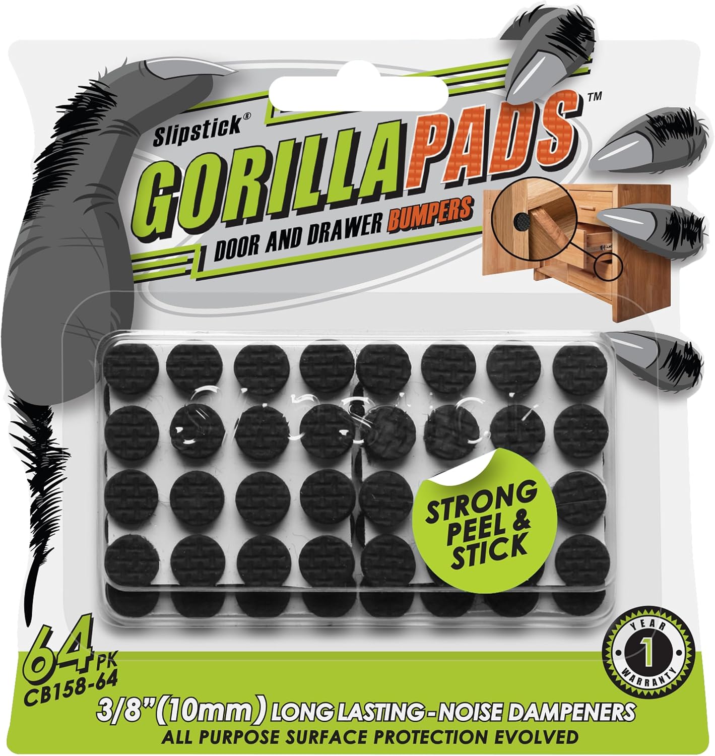 Slipstick GorillaPads CB149 Non-Slip Furniture Pads/Rubber Grippers (Set of 8) Self-Adhesive Furniture Feet Floor Protectors, 1-1/2 inch Round, Black