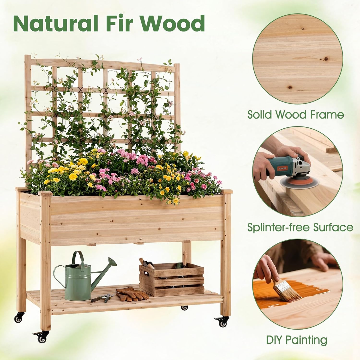 GIANTEX Raised Garden Bed on Wheels, Wood Planter Box with Legs, Liner, Drain Holes, Elevated Garden Bed for Vegetables