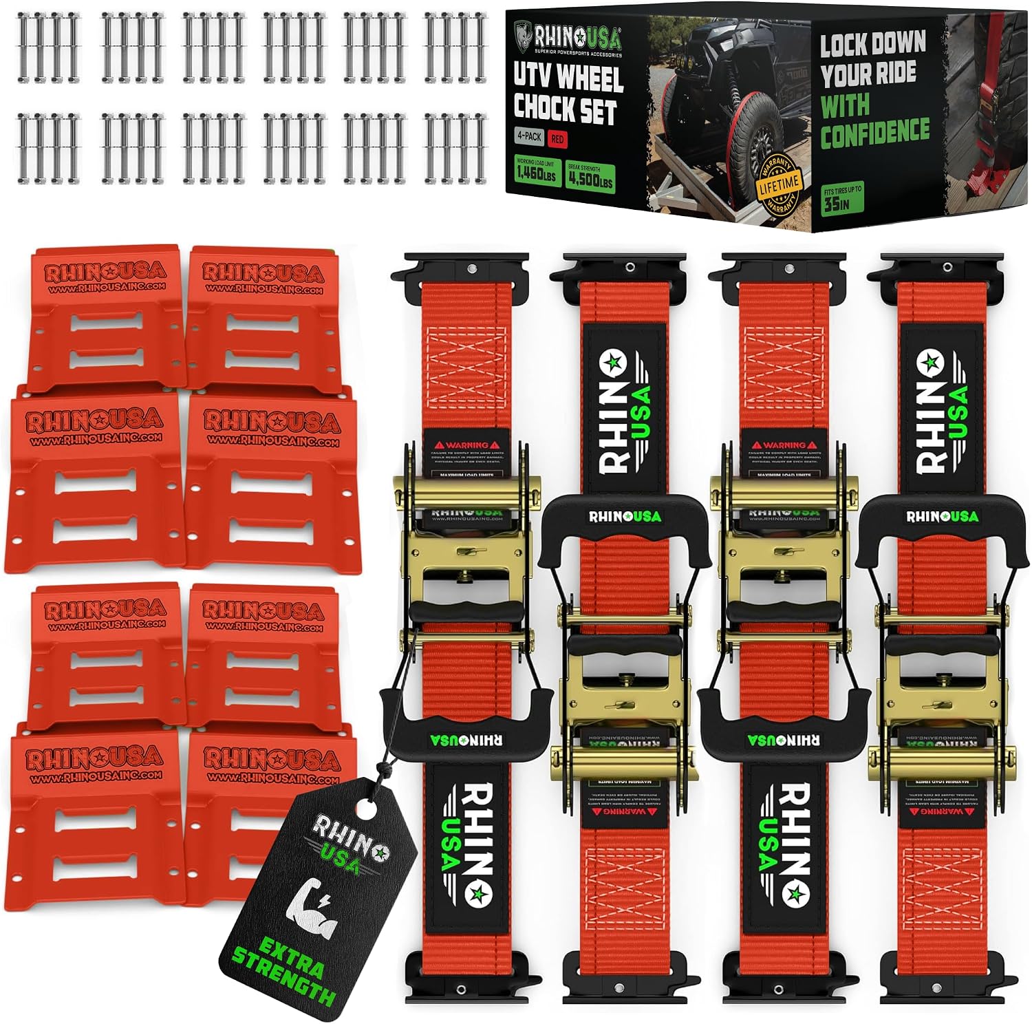Rhino USA Wheel Chock Tie Down Kit (4,500lb) - 2 Straps & 4 Chocks