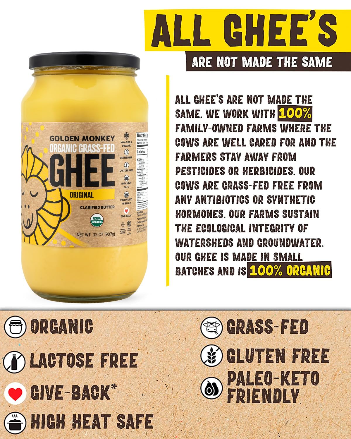 GOLDEN MONKEY Organic Ghee Butter – Grass Fed Clarified Butter for Cooking, Baking