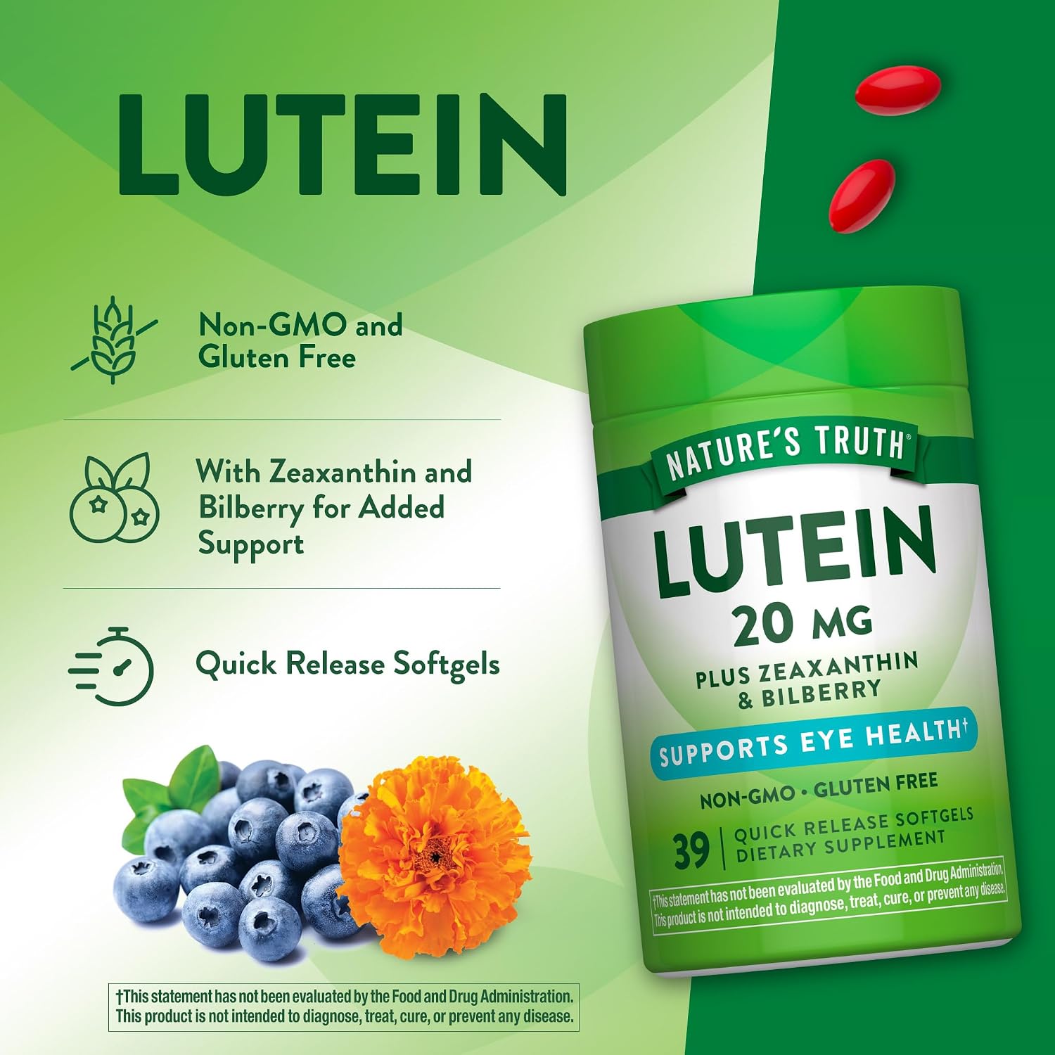 Nature's Truth Lutein and Zeaxanthin | 20 mg | 39 Softgels | with Bilberry | Non-GMO & Gluten Free Supplement