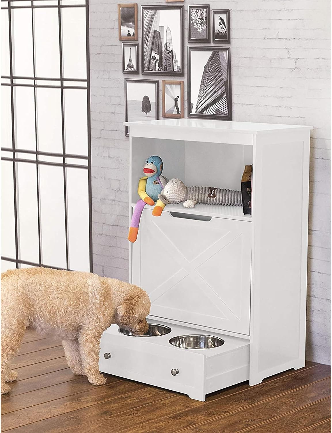 Windsor Pet Feeders with storage - dog bowl stand, pet feeder station, White 13.78?D x 24.02?W x 35.04?H