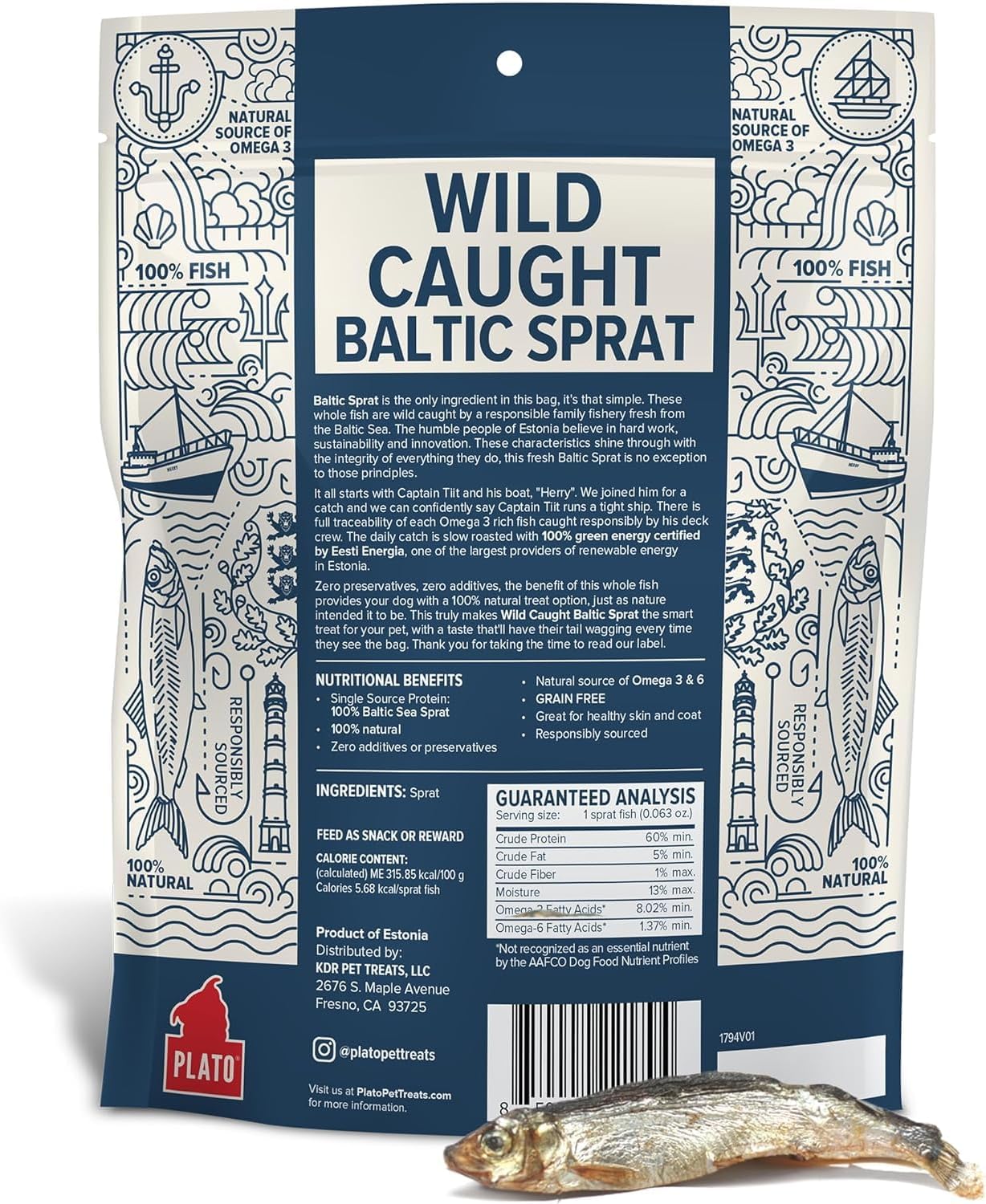 PLATO Single Ingredient Wild-Caught Baltic Sprat Dog Treats, Air-Dried Whole Fish, Omega-Rich Skin & Coat Support, 3 oz