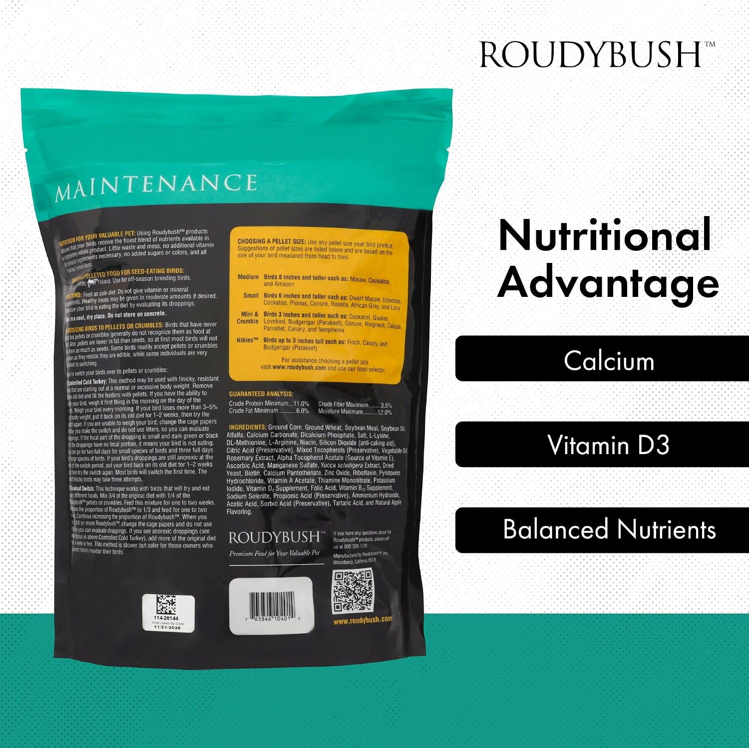 RoudyBush Daily Maintenance Food for Birds - Scientifically Formulated Bird Feed - Bird Food Pellets w/Corn, Wheat, Soy & More - Nutritious & Healthy Feed for Birds (Mini, 44oz)