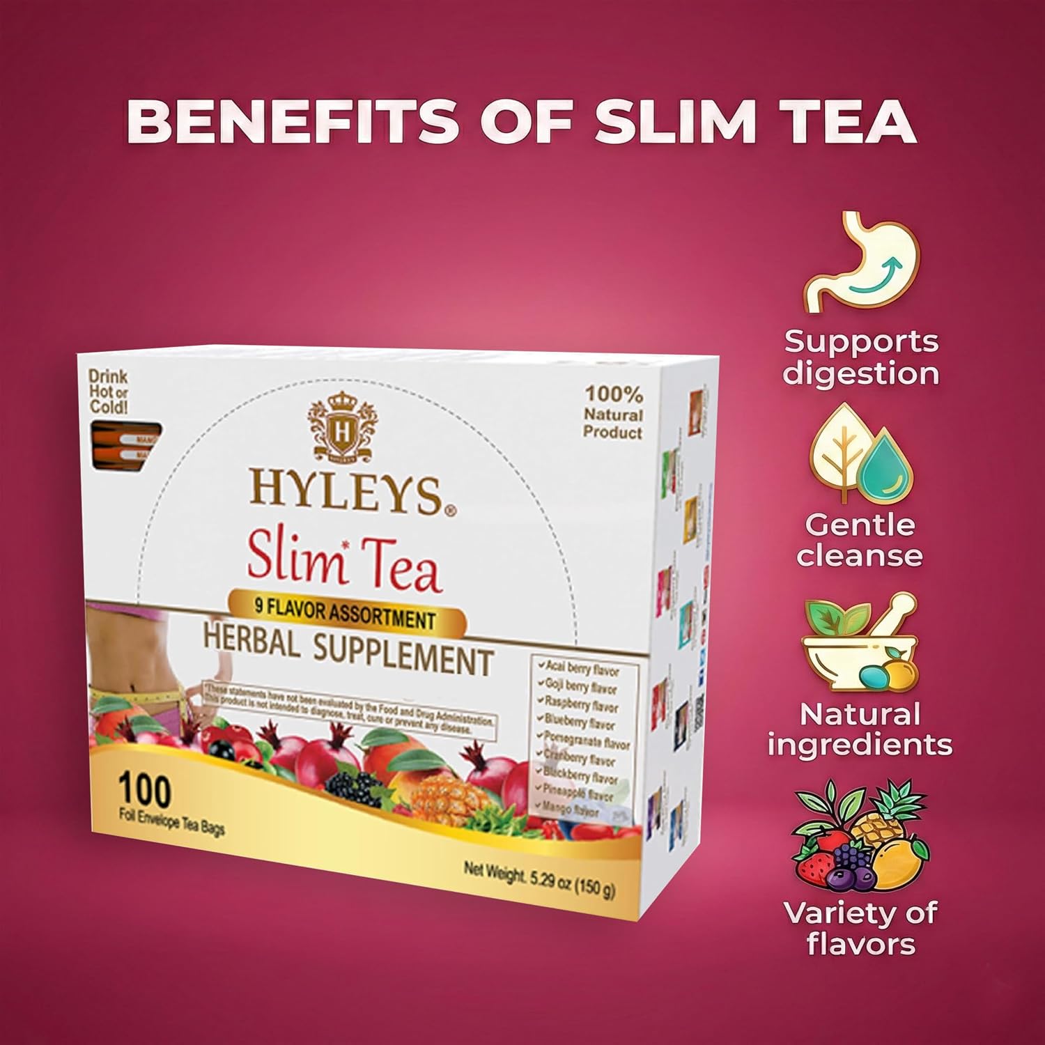 HYLEYS Slim Tea Goji Berry, Weight Loss Detox, Slimming Diet Tea, 25 Bags | Green Tea, Senna Detox & Cleanse, 3 Natural Ingredients, No Added Sugar, 1-Step Bedtime Routine, Supports Digestion