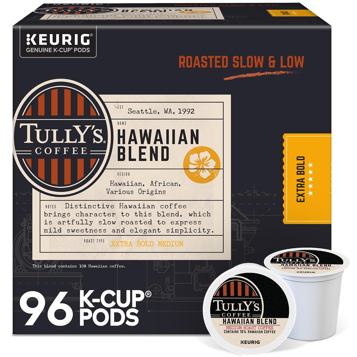 Tully's Coffee Hawaiian Blend Keurig Single-Serve K-Cup Pods, Medium Roast Coffee, 96 Count