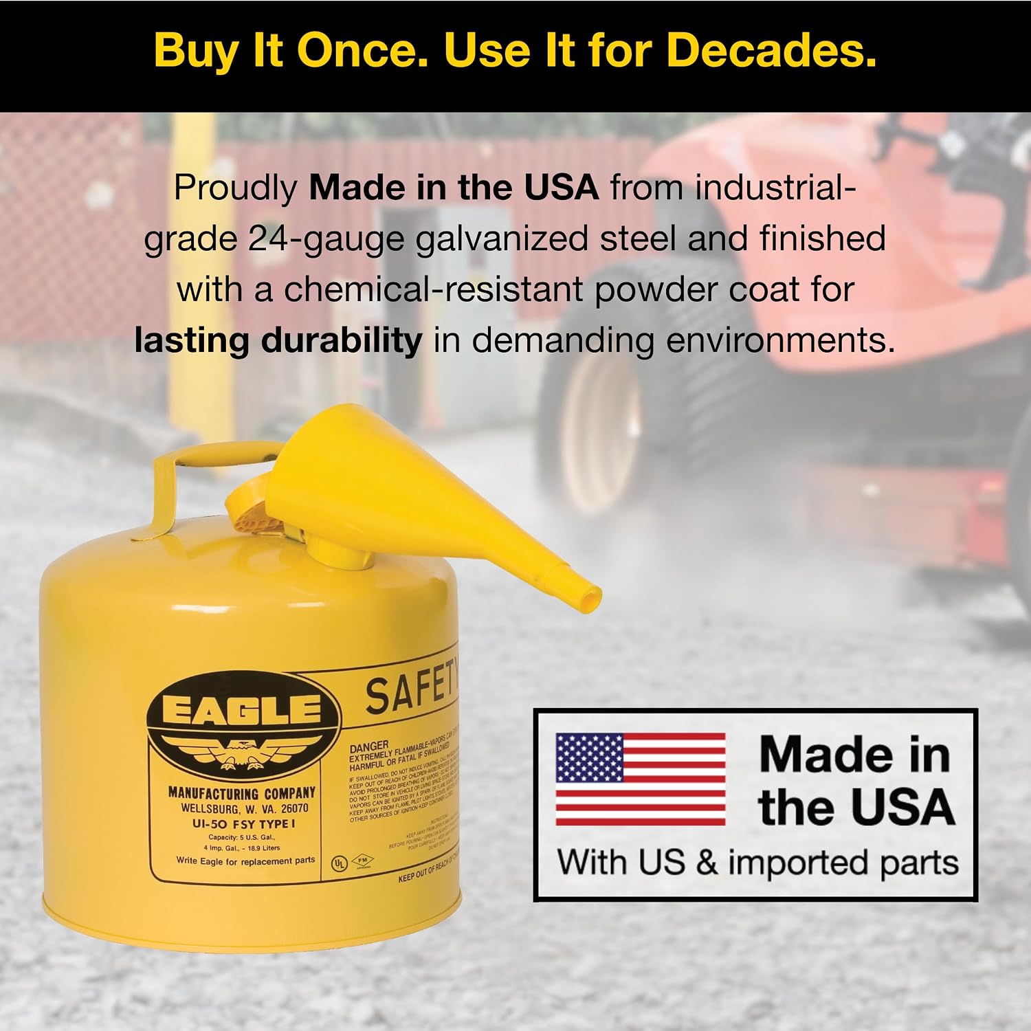 Eagle 5 Gallon Type I Yellow Safety Gas Can for Diesel | Flame Arrester, Self-Closing Lid, and F-15 Funnel, Made in the USA