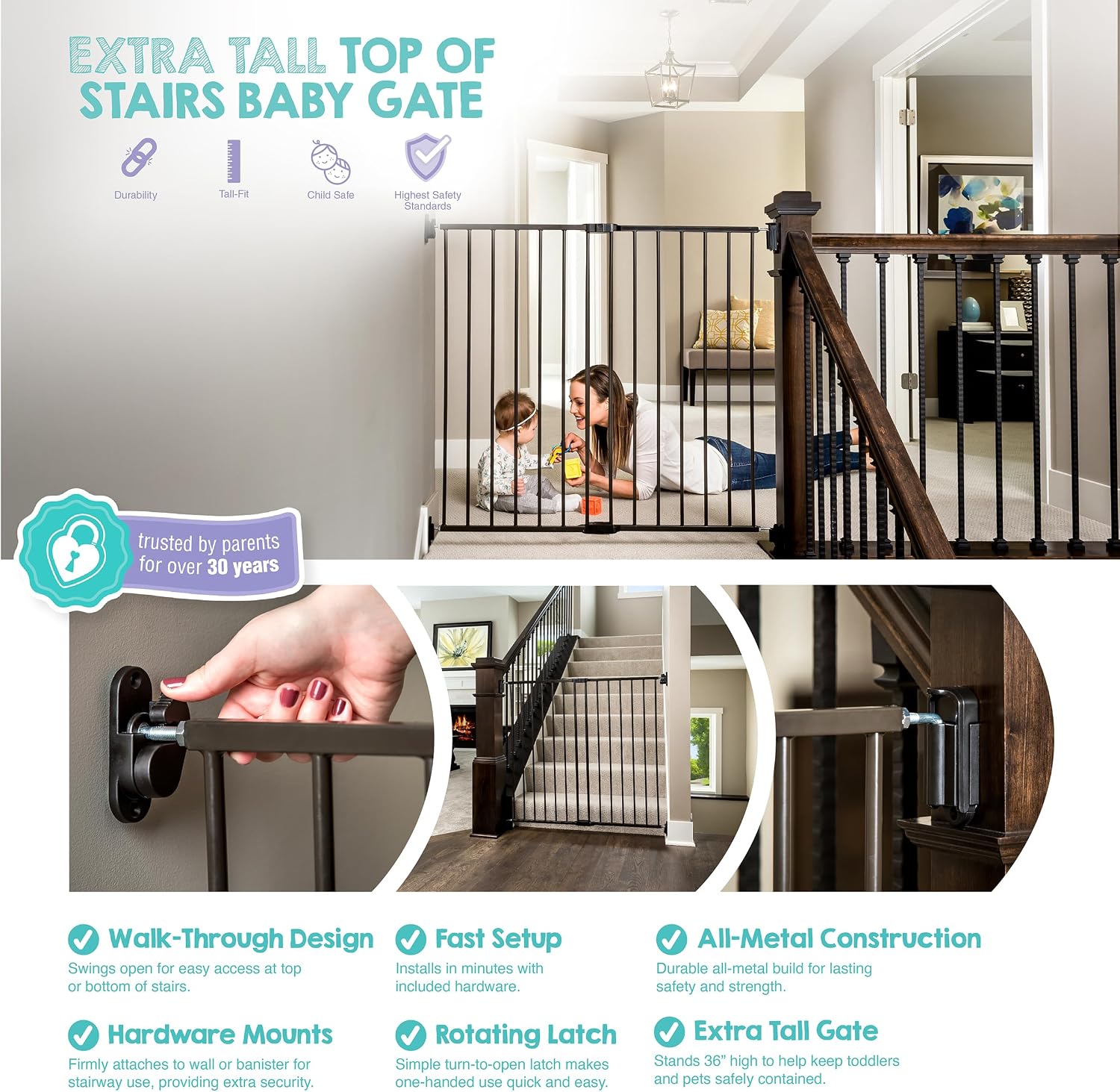 Regalo Safety 36" Extra Tall Baby Gate for Top of Stairs & Dooways