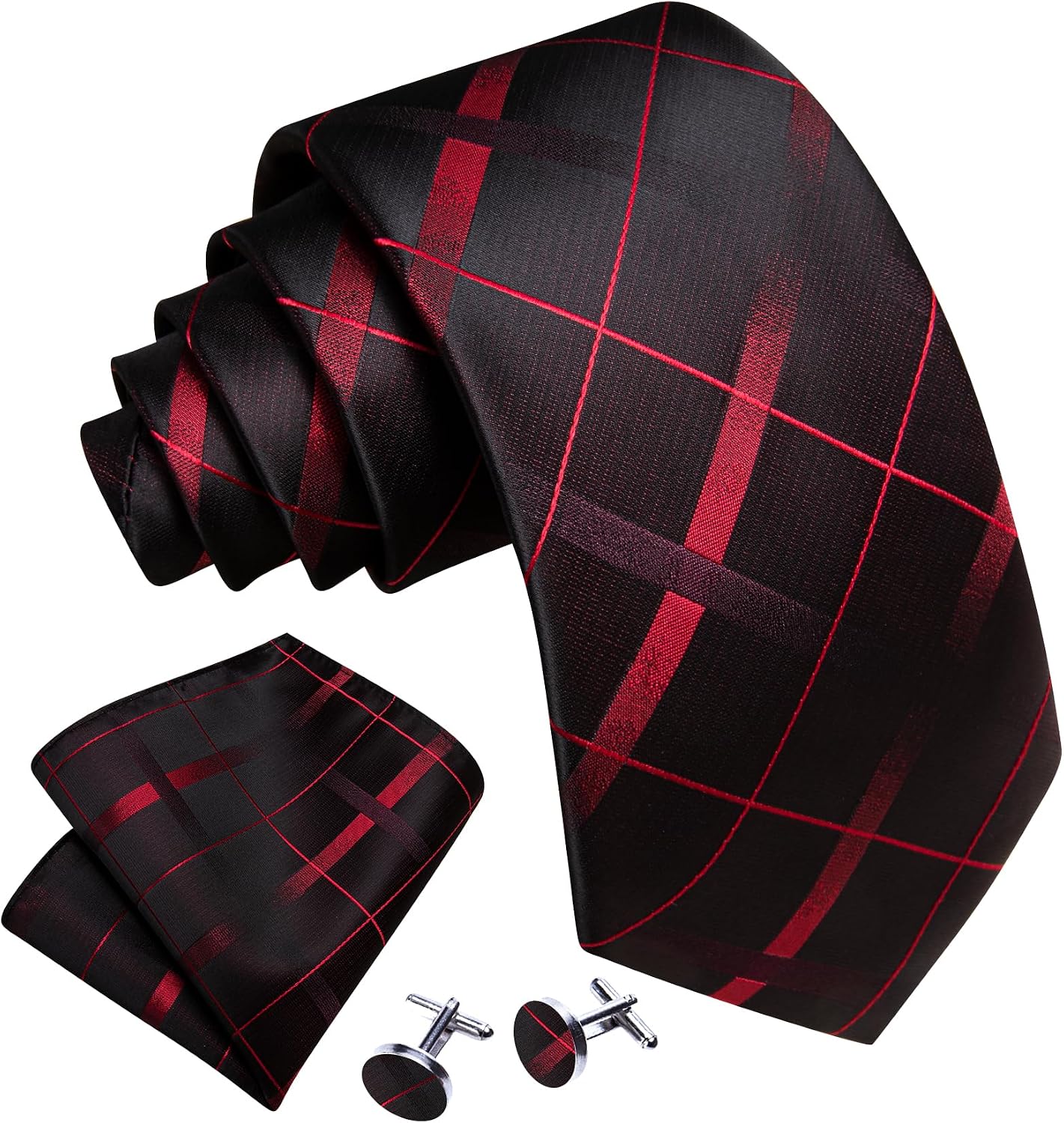 Barry.Wang Plaid Ties for Men Silk Necktie Handkerchief Cuff Links Set