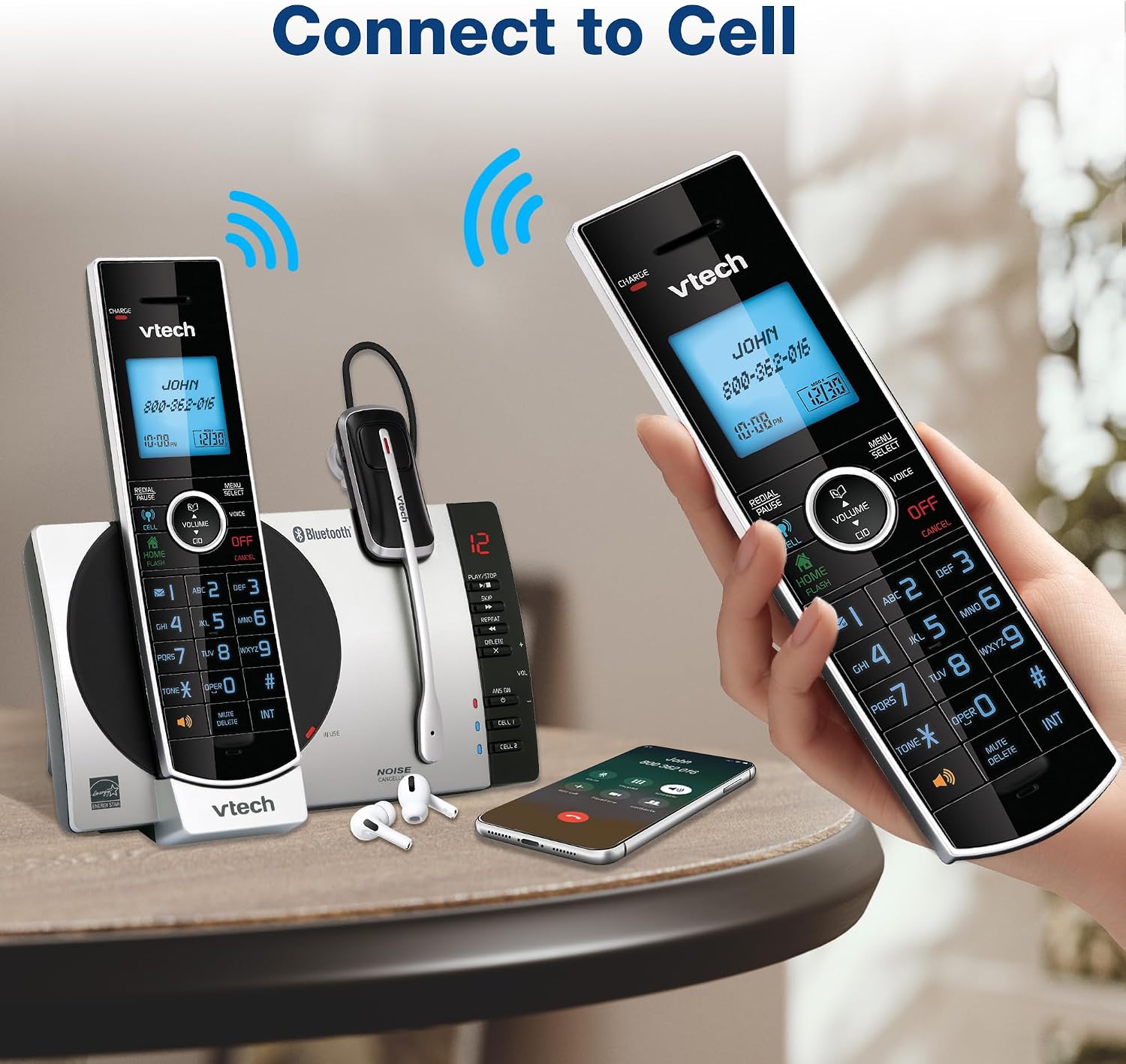 VTech DS6771-3 Connect to Cell, Cordless Phone with Answering Machine, DECT 6.0 Headset+2 Handset Intercom, Bluetooth, Caller ID/Call Waiting, Expandable System - Silver/Black