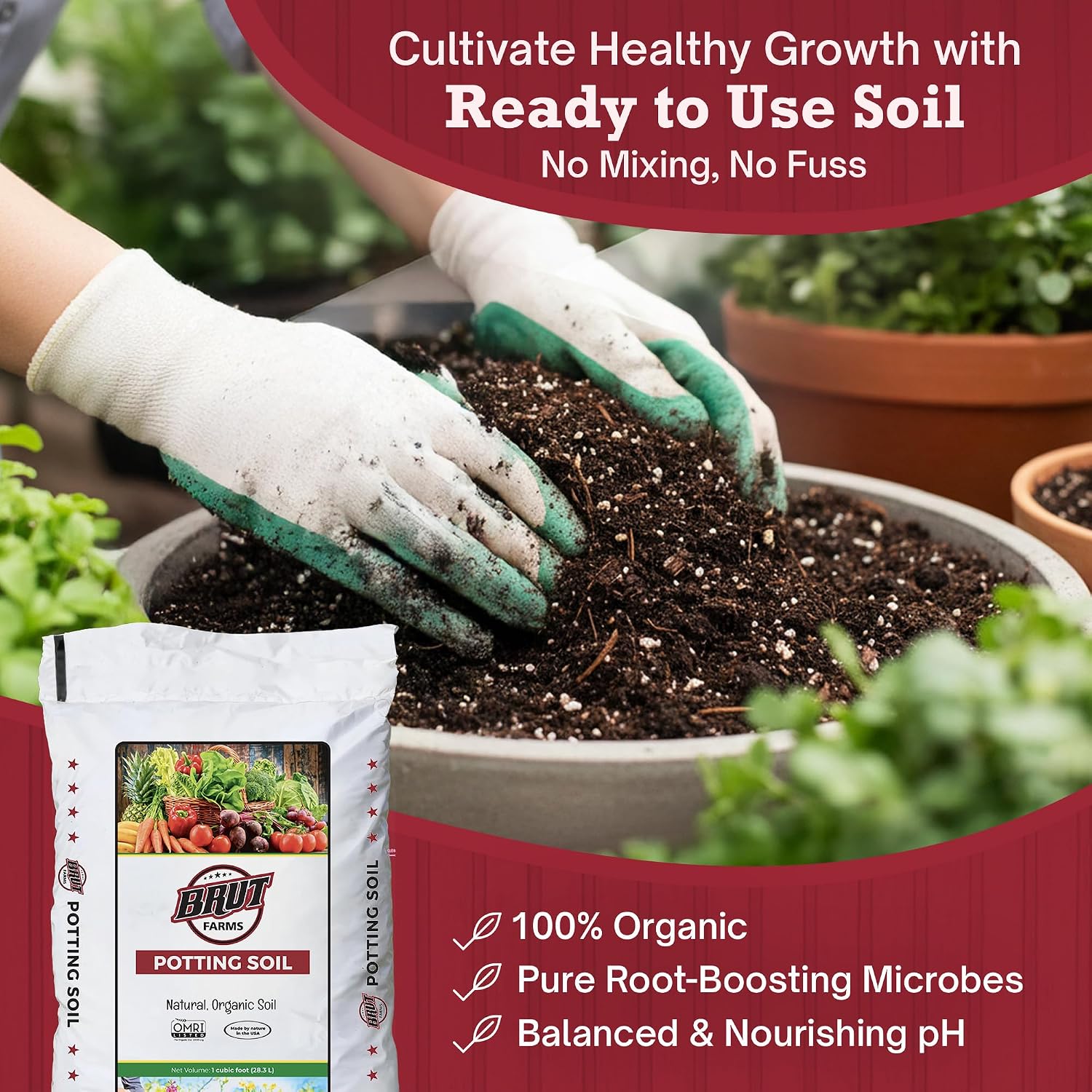 Brut Organic Potting Soil 1 CU FT – Premium Plant Soil with Organic Worm Castings, Trace Minerals & Perlite – Chemical-Free