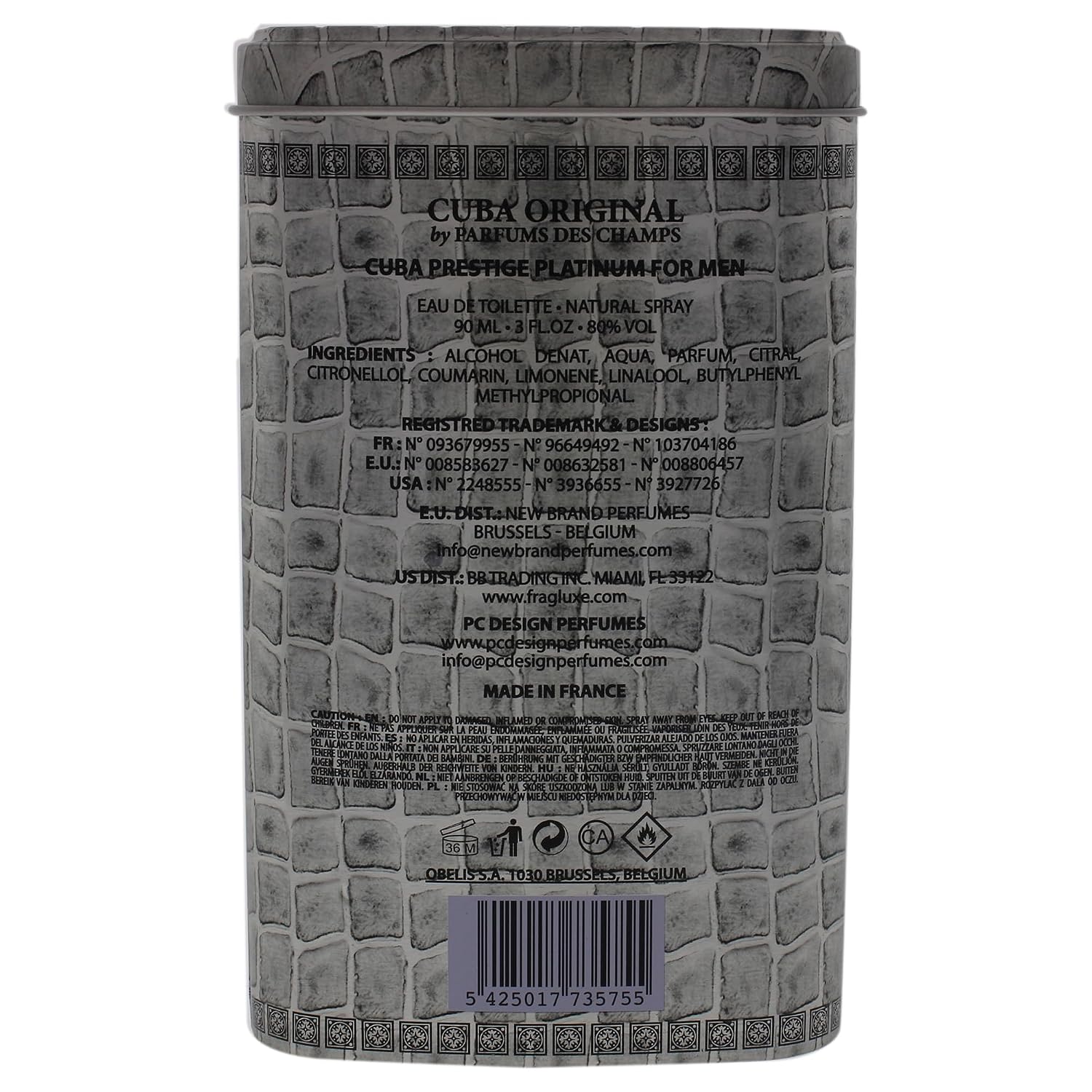 Cuba Original by Parfums Des Champs Prestige Platinum by Cuba, 3 oz Eau De Toilette Spray for Men (CUBPRPM0009002)