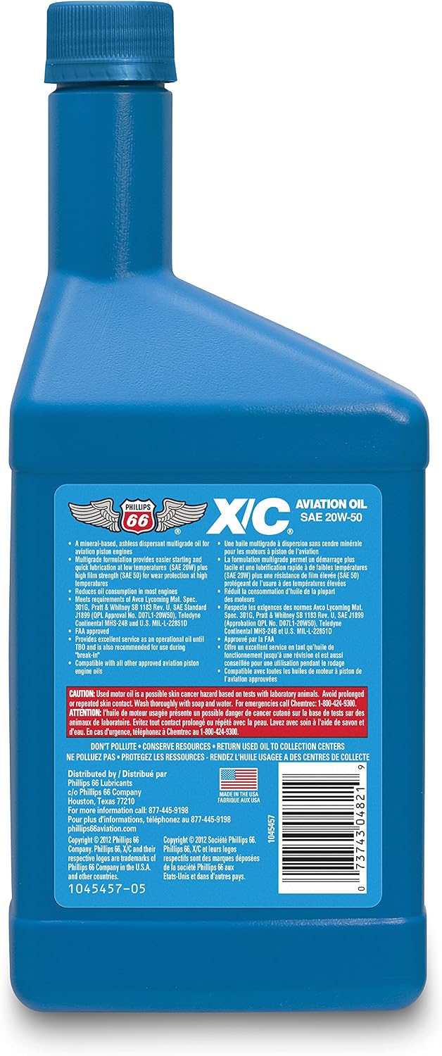 20W50 X/C Aviation Oil 1 Quart, 32. Fluid Ounces, 12 Pack