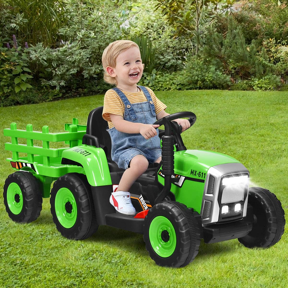 Costzon Ride on Tractor with Detachable Trailer, Kids' Electric Vehicles w/3-Gear-Shift Ground Loader, Wireless Design & USB, 7 LED Headlights