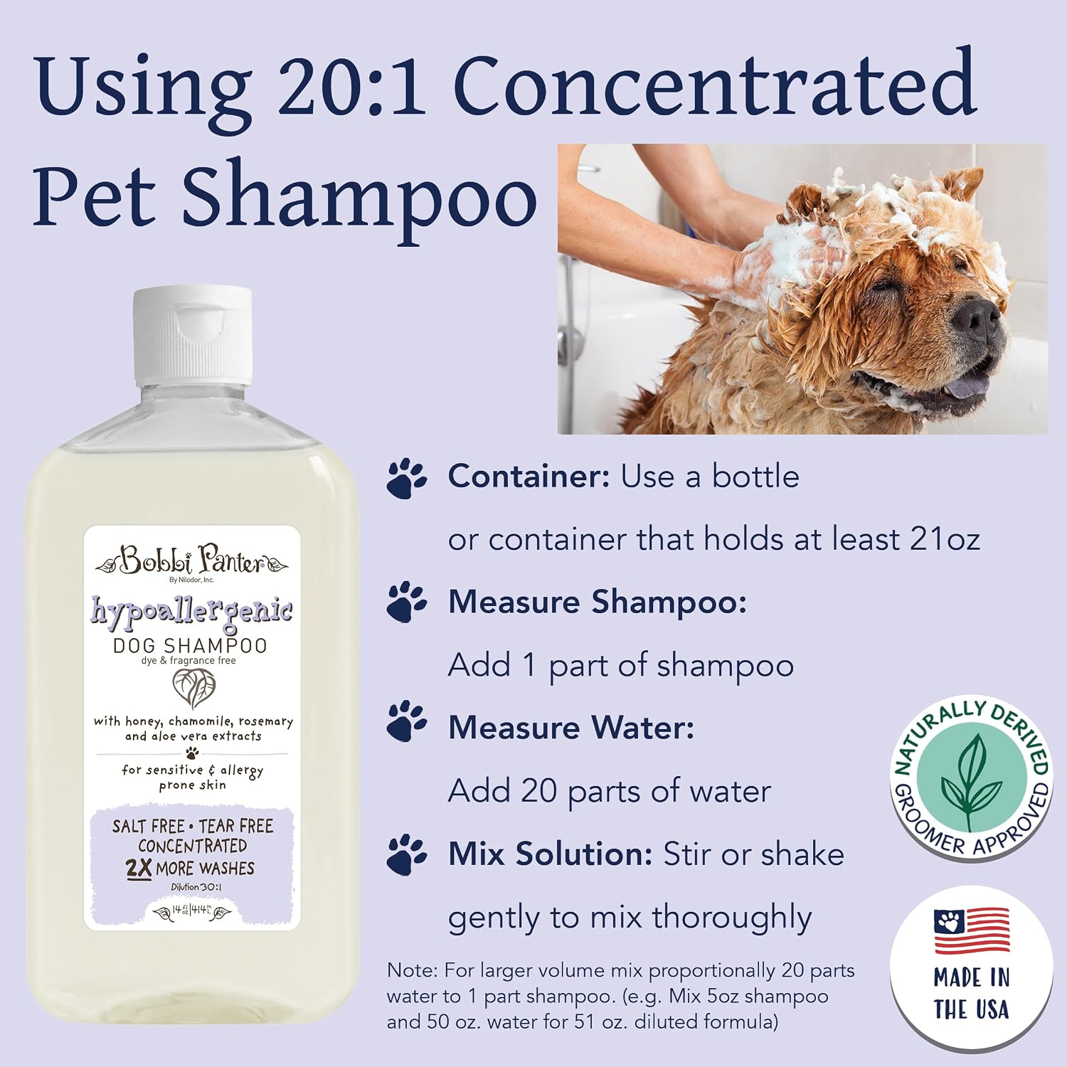 Bobbi Panter Soothing Dog Shampoo Tea Tree, Lavender, Cucumber & Oat Protein – Natural Formula for Sensitive Skin & Irritation Relief, Tear-Free, 30:1 Concentrate, Made in USA, 14 oz
