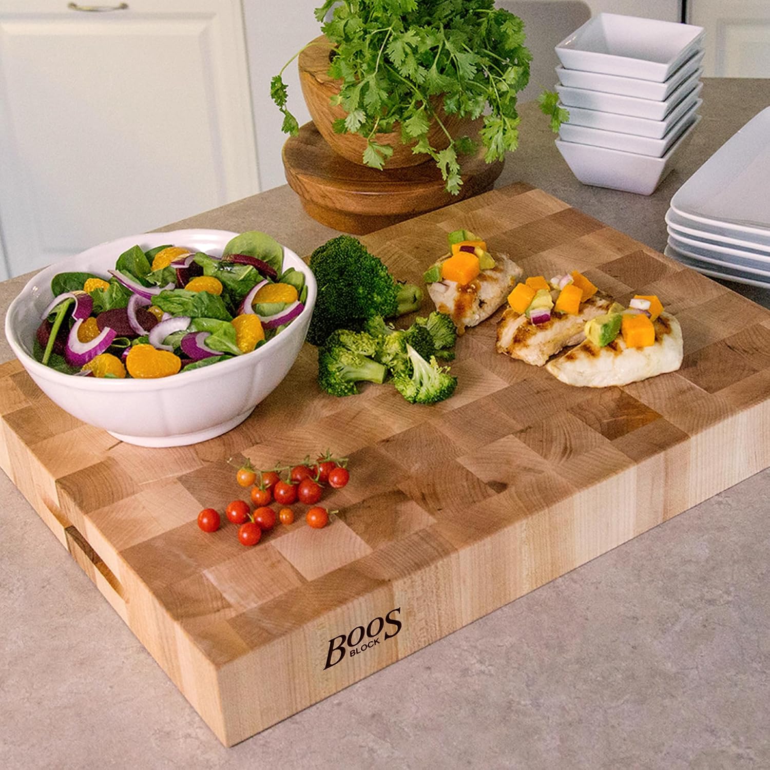 John Boos CCB Series Square Wooden Maple Cutting Board 18”x18” – 2.25” Thick, 22-lb Reversible Butcher Block with End-Grain & Finger Grips – Made in the USA