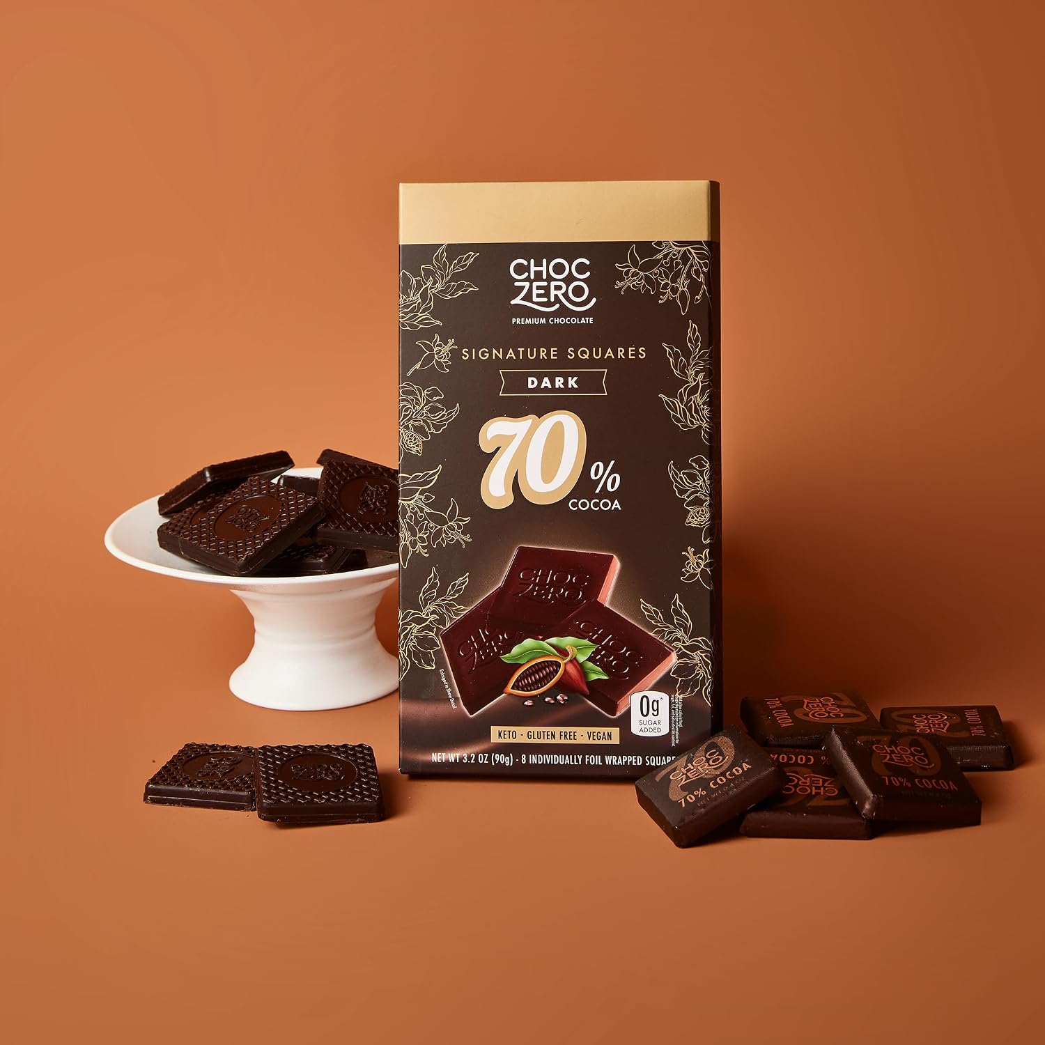ChocZero 70% Cocoa Sugar Free Dark Chocolate Squares, Vegan, 4 Pack | No Sugar Alcohols, Keto, Low Carb, High Fiber, Gluten Free, 32 Total Candy Squares